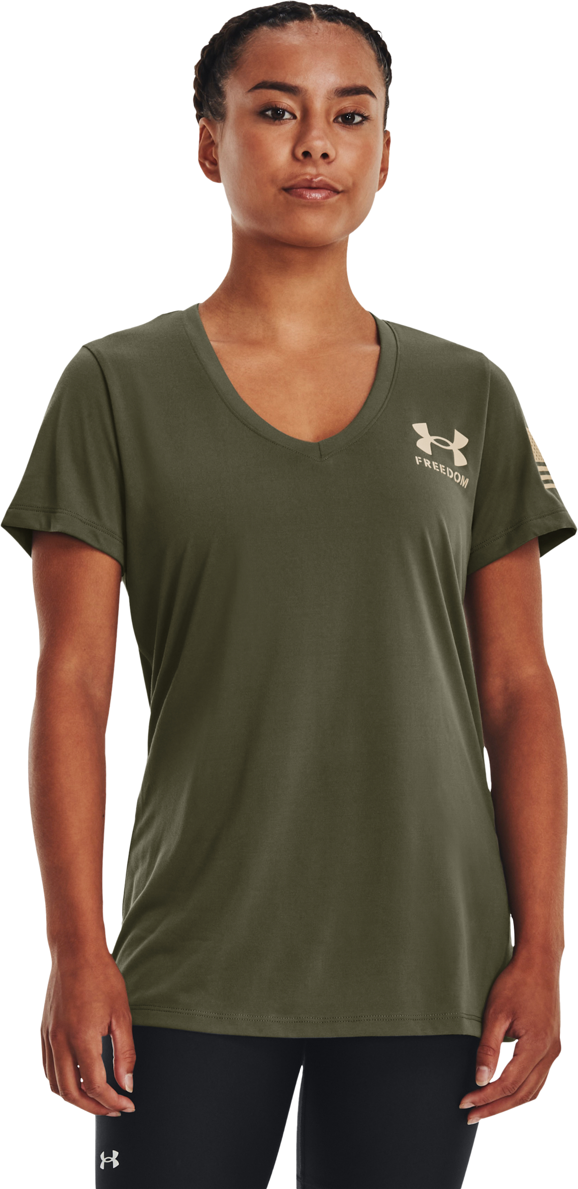Image of Under Armour Freedom Tech V-Neck Short-Sleeve T-Shirt for Ladies - Marine OD Green/Desert Tan
