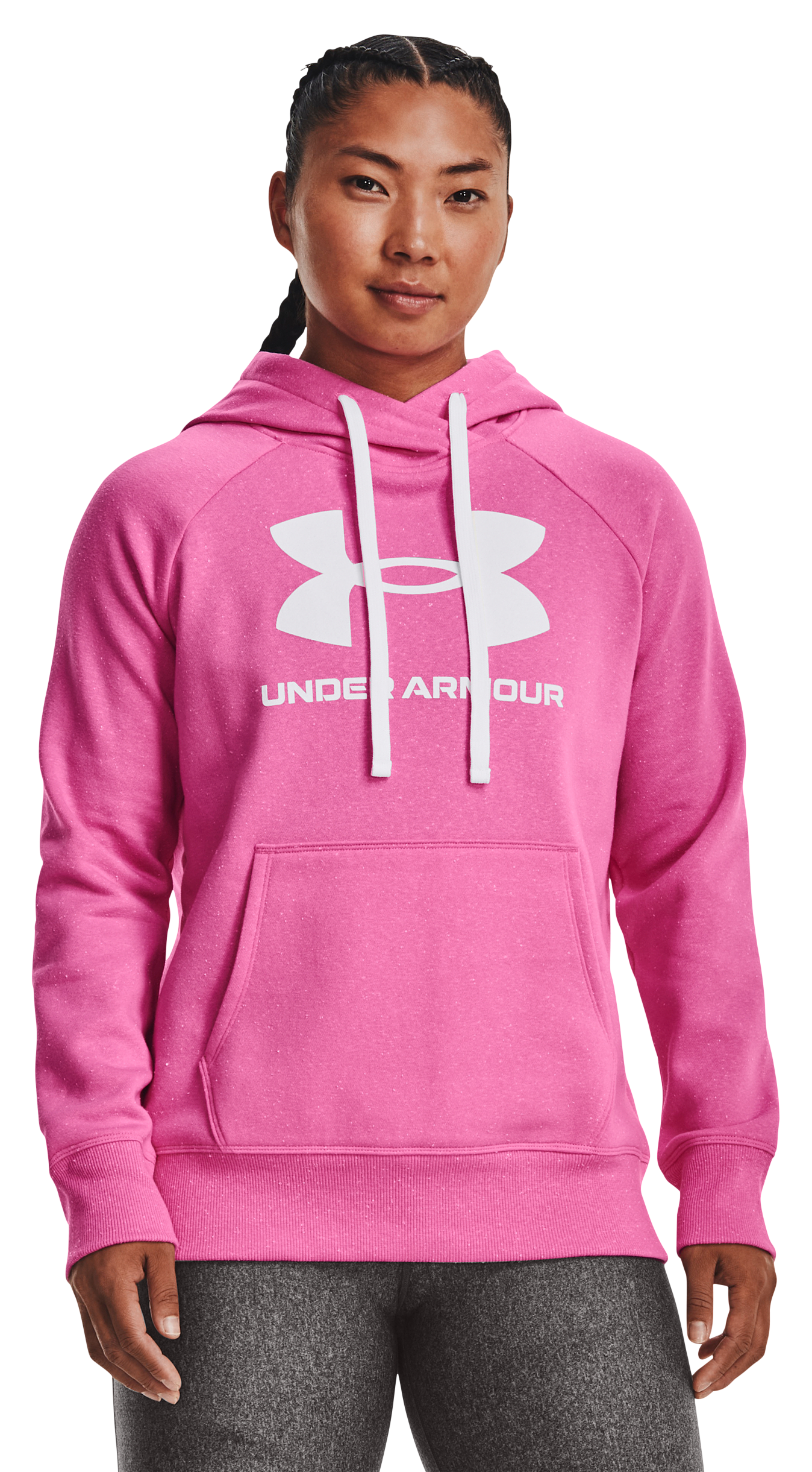 Image of Under Armour Rival Fleece Logo Raglan Long-Sleeve Hoodie for Ladies - Pink Edge/White - XS