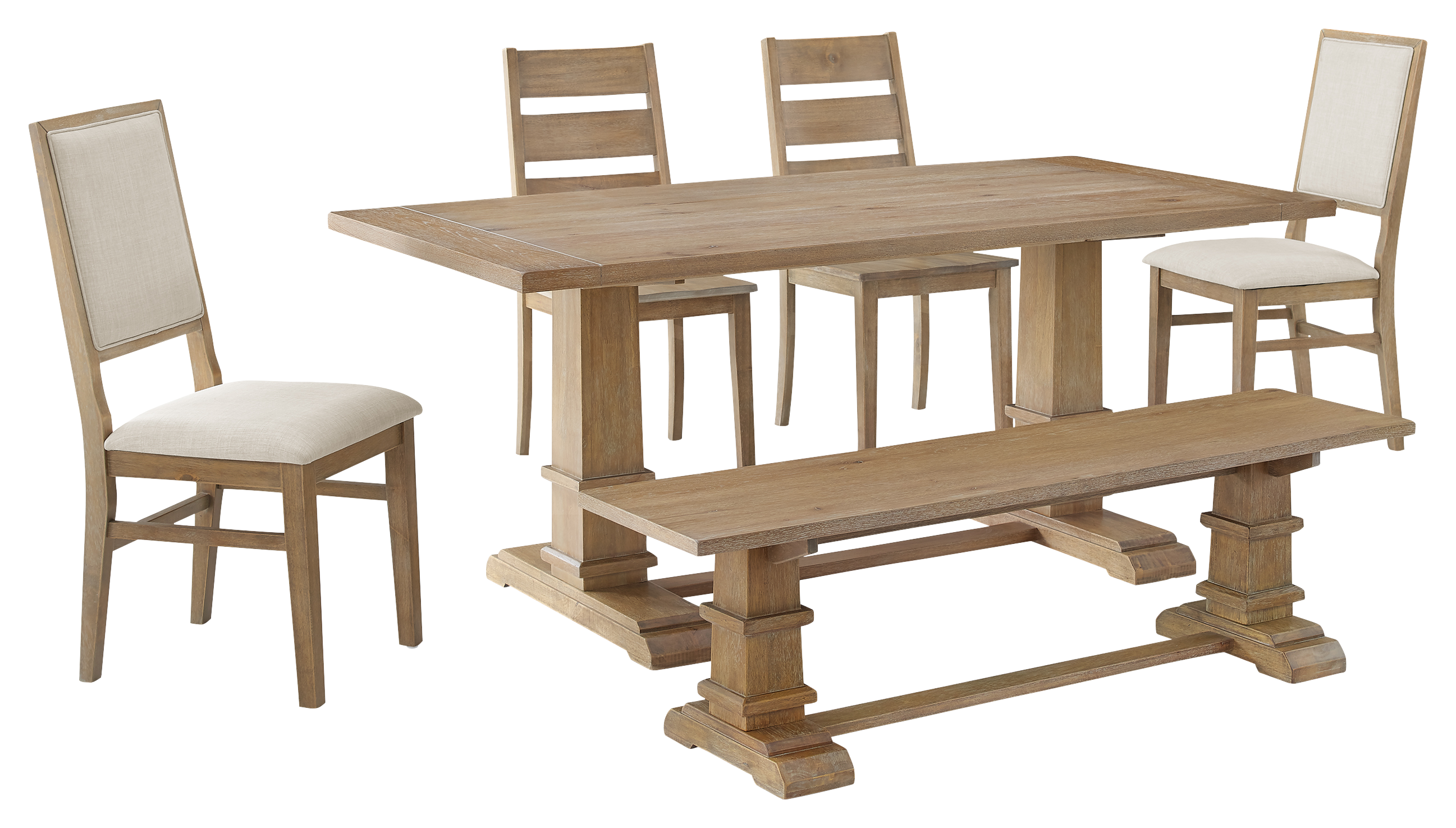 Image of Crosley Joanna 6-Piece Dining Set with Bench, 2 Ladder Back Chairs, and 2 Upholstered Chairs