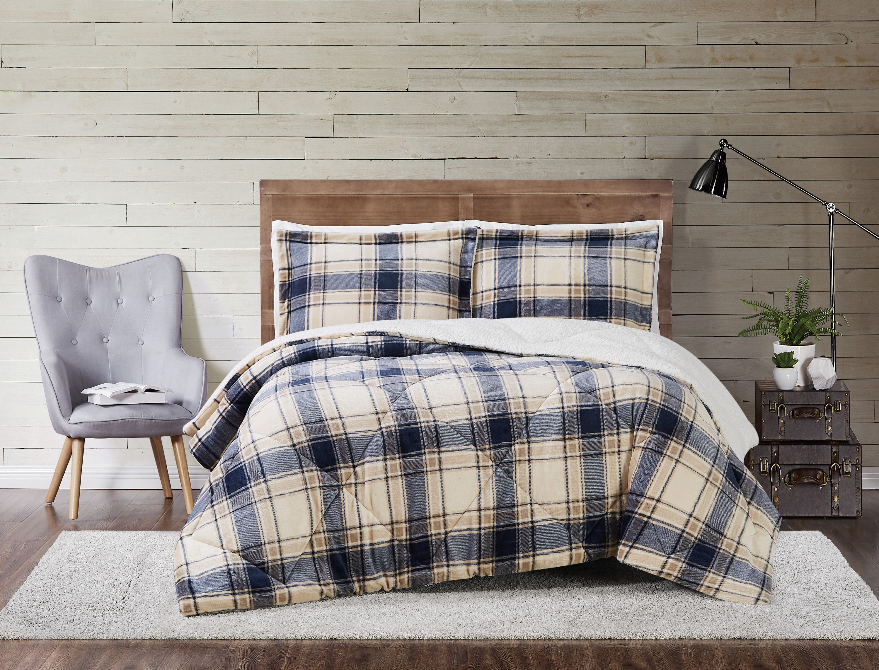 Image of Truly Soft Cuddle Warmth Printed Plaid Bedding Collection Comforter Set - King - Blue Cream Plaid