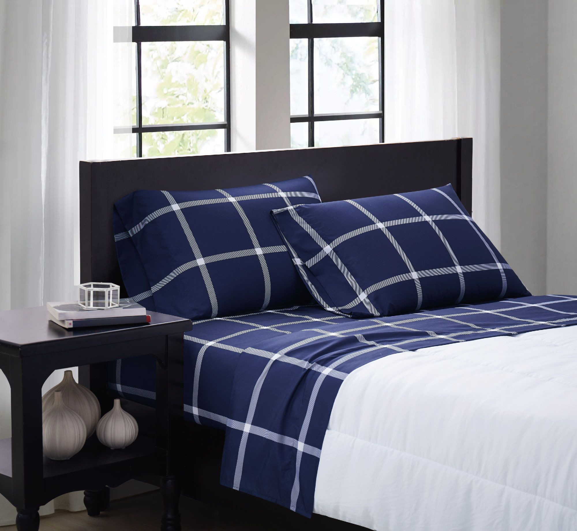 Image of Truly Soft Printed Windowpane Sheet Set - Twin XL - White/Navy
