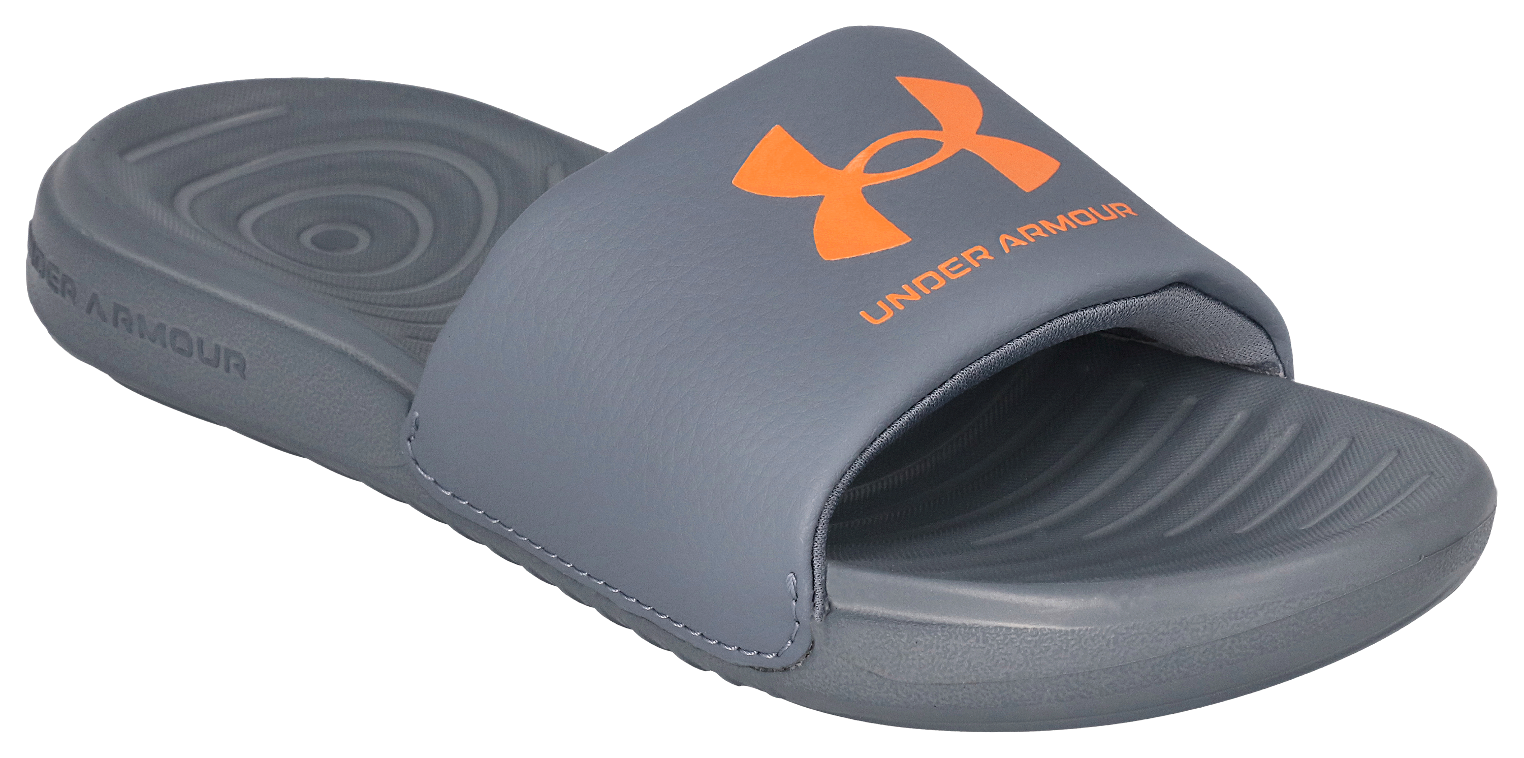 Image of Under Armour Ansa Fixed Slide Sandals for Kids - Gravel/Gravel/Orange Blast - 2 Kids