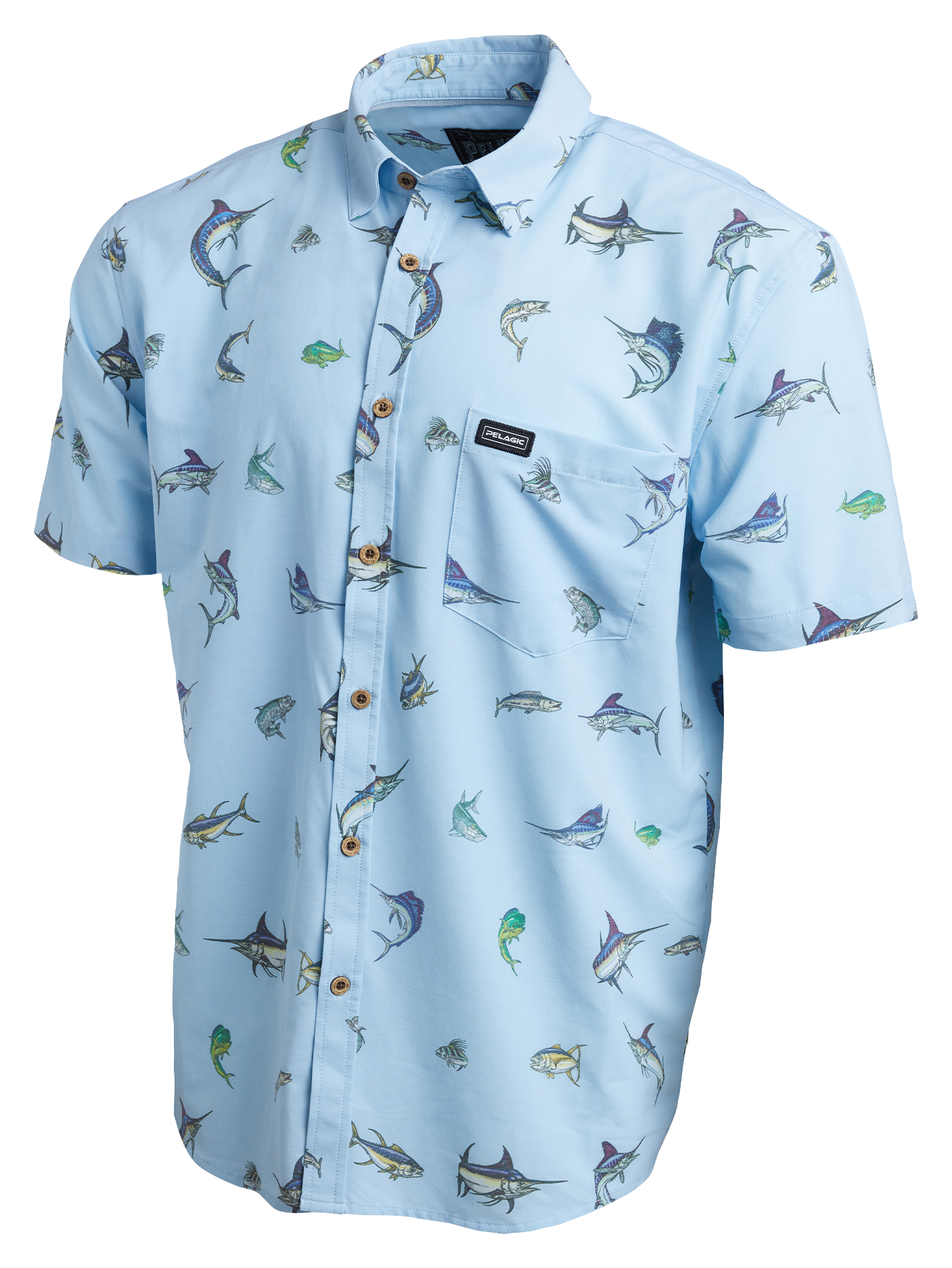 Image of Pelagic Dockside Gamefish Stretch Woven Short-Sleeve Button-Down Shirt for Men - Light Blue - S