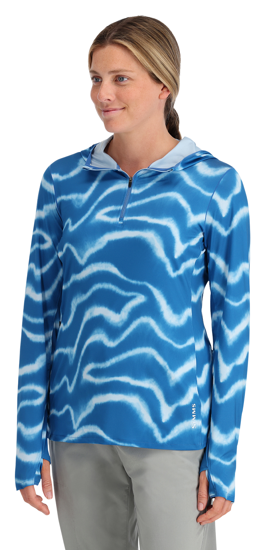 Image of Simms SolarFlex Quarter-Zip Long-Sleeve Hoodie for Ladies - Wave Print Sapphire - L
