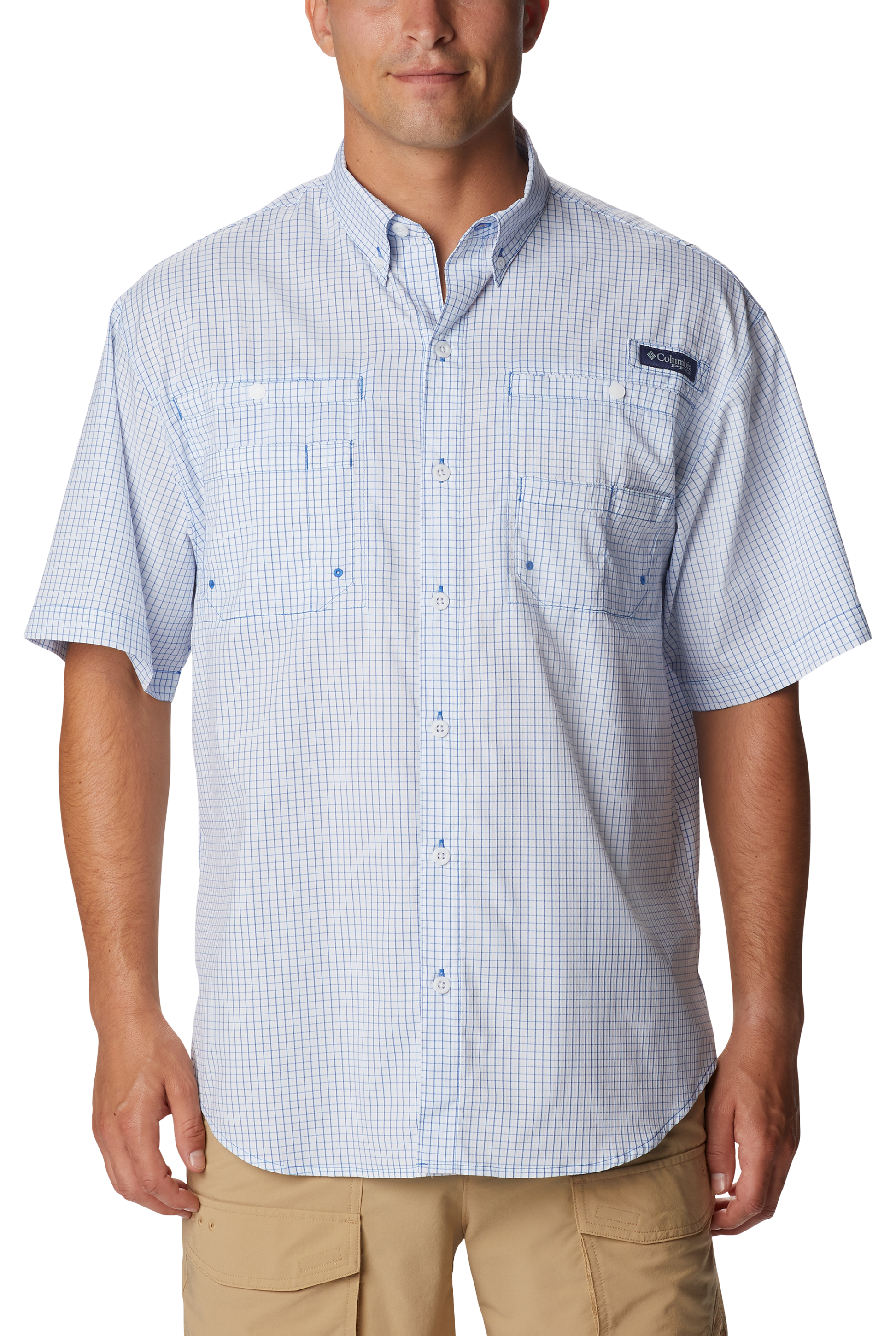 Image of Columbia PFG Super Tamiami Short-Sleeve Button-Down Shirt for Men - Vivid Blue Multi Gingham