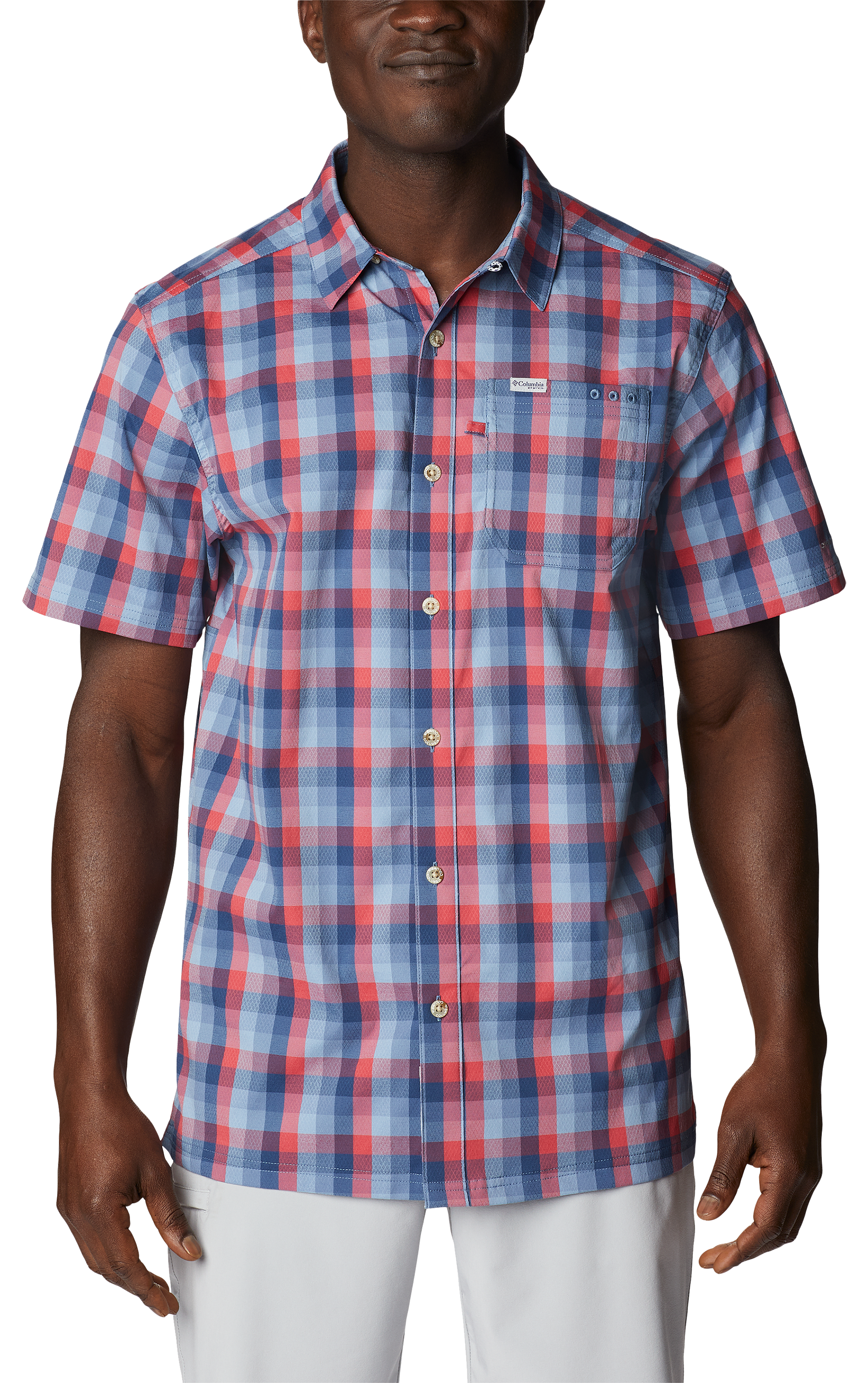 Image of Columbia Super Slack Tide Camp Short-Sleeve Shirt for Men - Carbon Mid Gingham - S