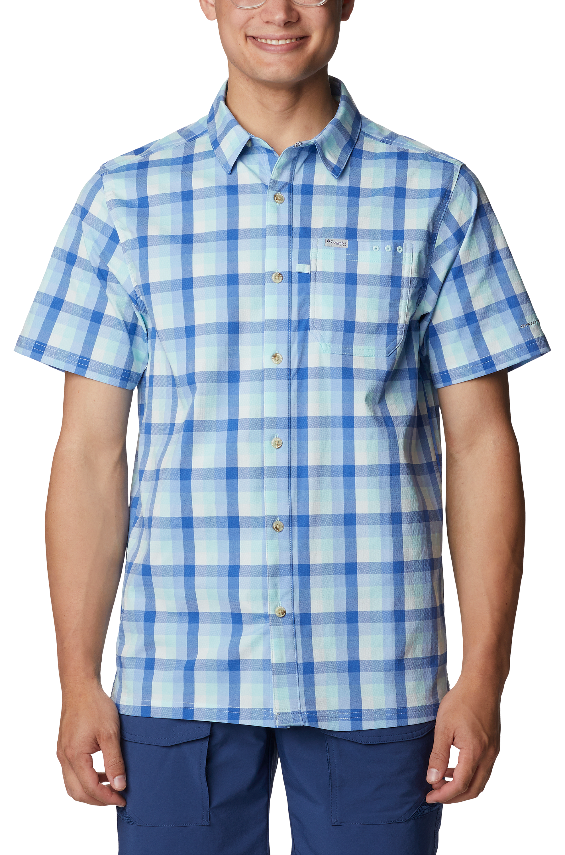 Image of Columbia Super Slack Tide Camp Short-Sleeve Shirt for Men - Vivid Blue Mid Gingham - S