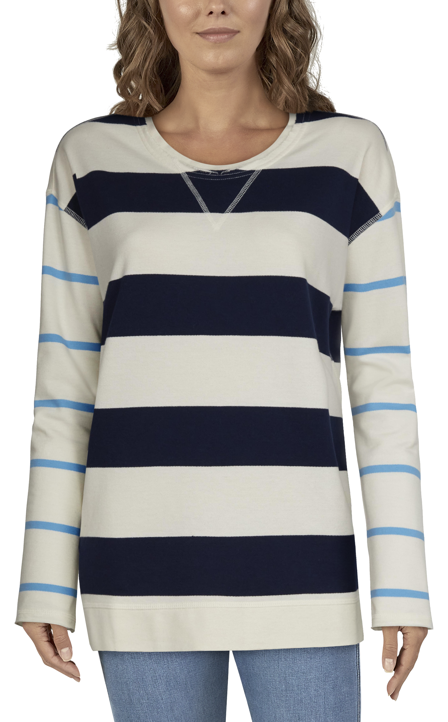 Image of Natural Reflections French Terry Stripe Sweatshirt for Ladies - Peacoat Blue - 1X