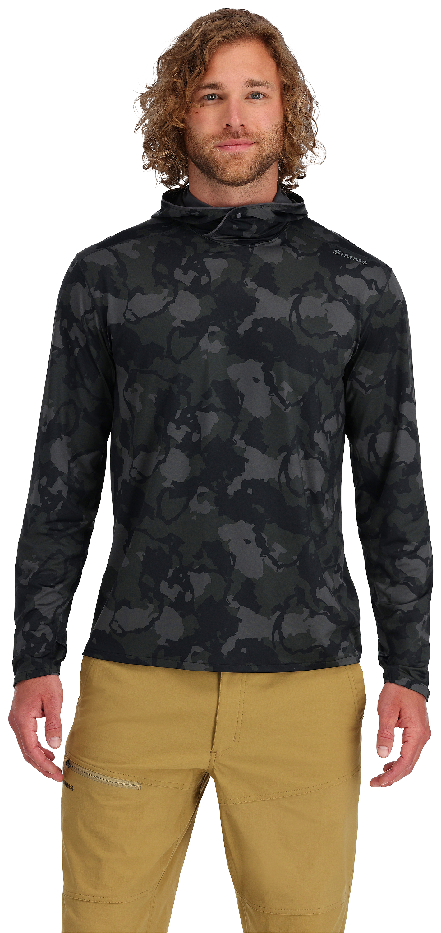 Image of Simms SolarFlex Lightweight Long-Sleeve Hoodie for Men - Regiment Camo Carbon - M