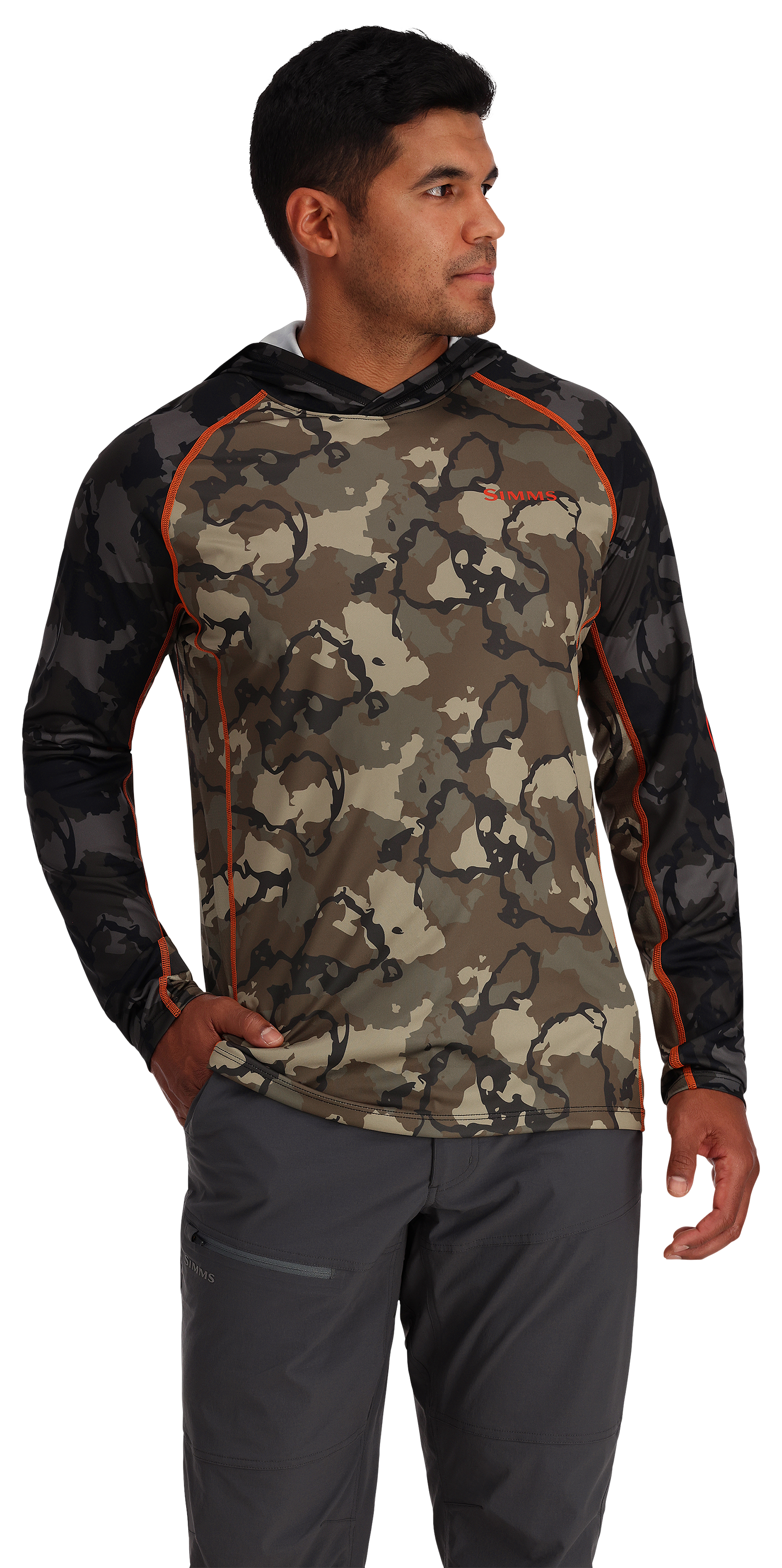 Image of Simms Challenger Solar Long-Sleeve Hoodie for Men - Regiment Camo/Olive Drab - M