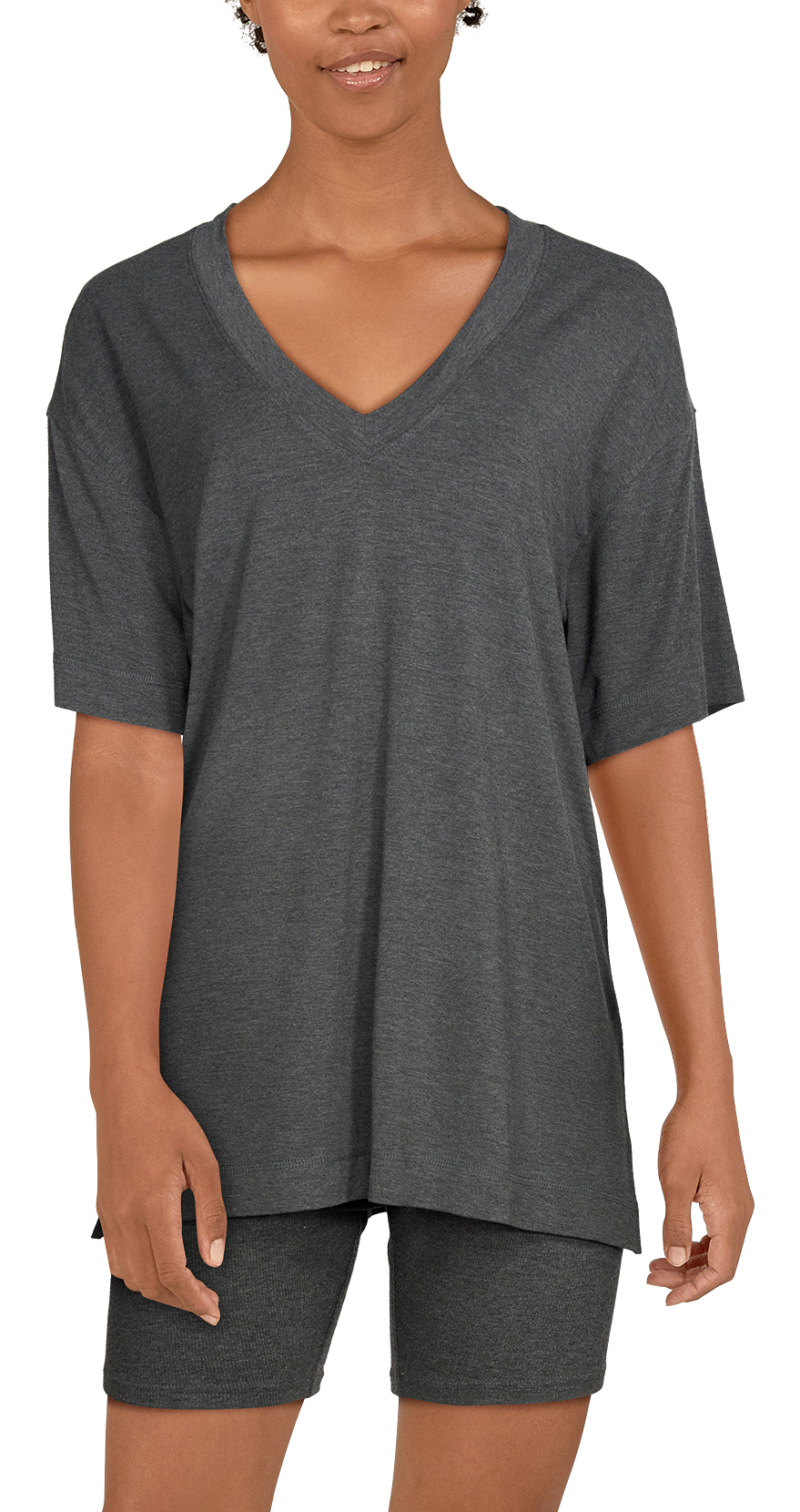 Image of Natural Reflections Oversized V-Neck Short-Sleeve Tunic for Ladies - Pavement Heather - M