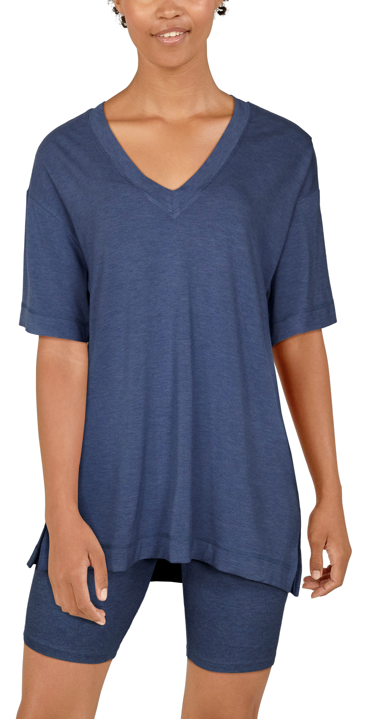 Image of Natural Reflections Oversized V-Neck Short-Sleeve Tunic for Ladies - Navy Heather - XS