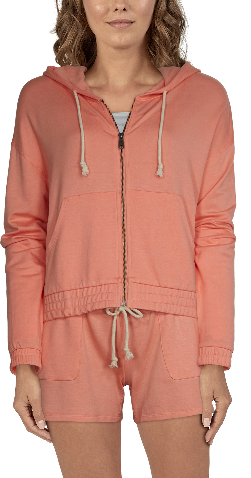 Image of Natural Reflections French Terry Cinch-Waist Long-Sleeve Hoodie For Ladies - Peach Pink - M