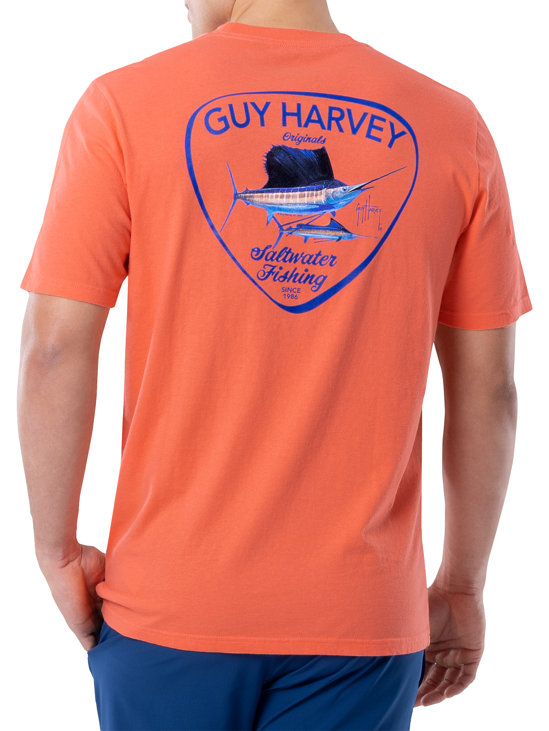 Image of Guy Harvey Saltwater Sails Short-Sleeve Pocket T-Shirt for Men - Living Coral - M