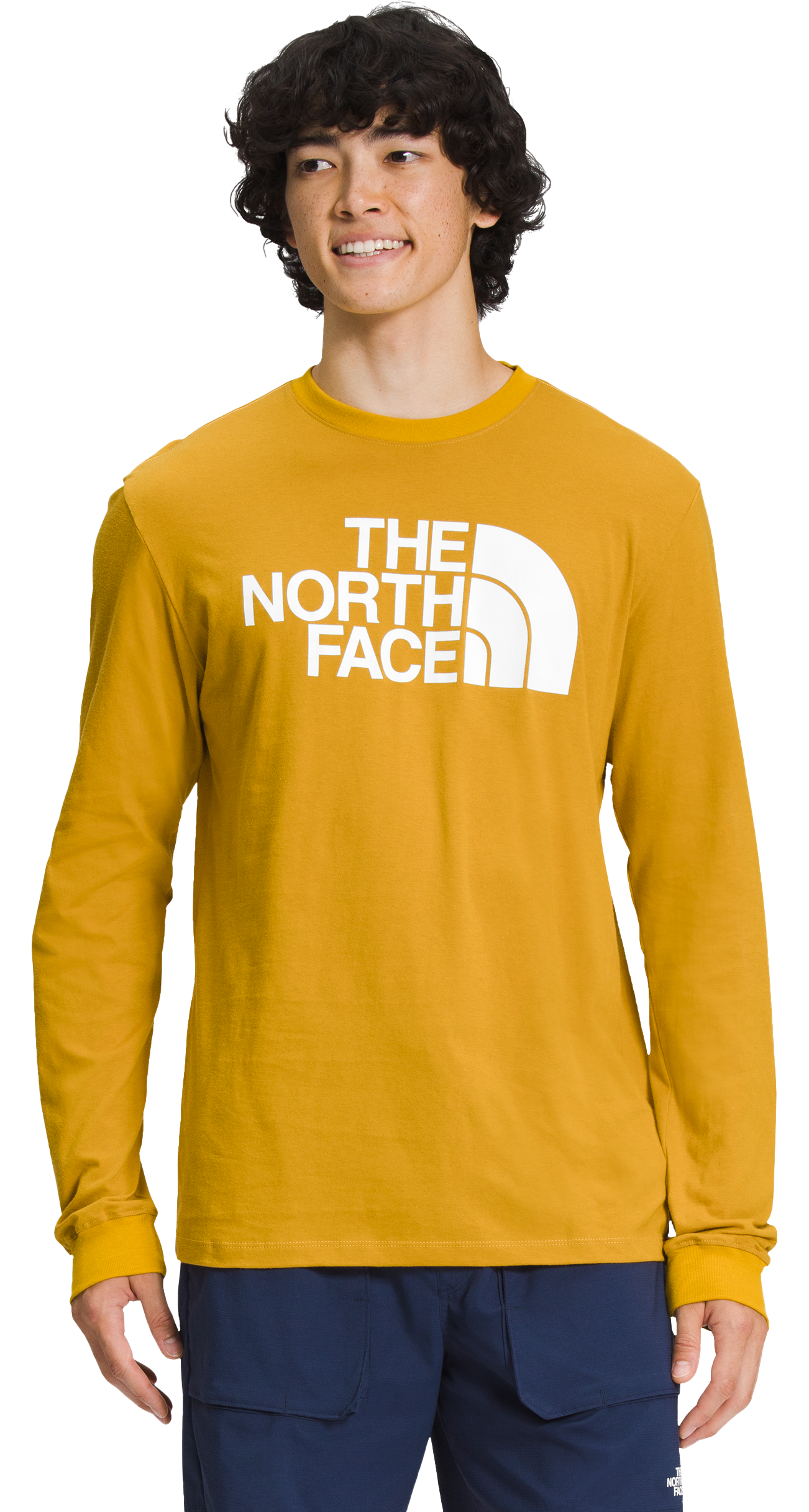 Image of The North Face Half Dome Long-Sleeve T-Shirt for Men - Arrowwood Yellow/TNF White - L