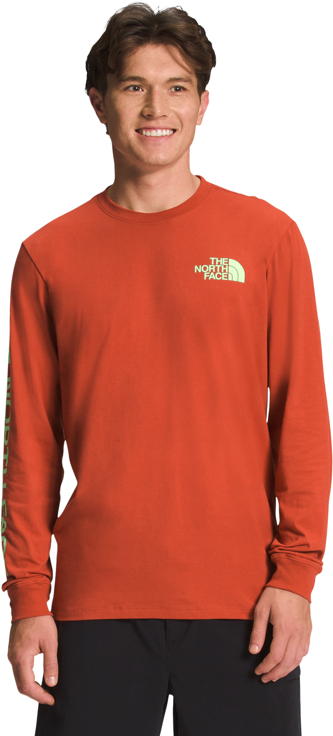 The North Face Hit Graphic Long-Sleeve T-Shirt for Men - Rust Bronze/Lime Cream - S