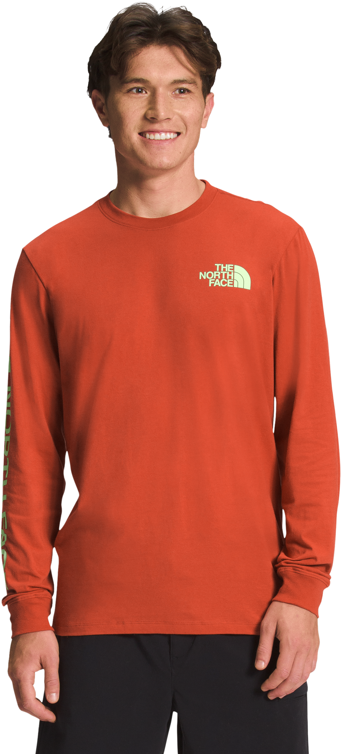 Image of The North Face Hit Graphic Long-Sleeve T-Shirt for Men - Rust Bronze/Lime Cream - M