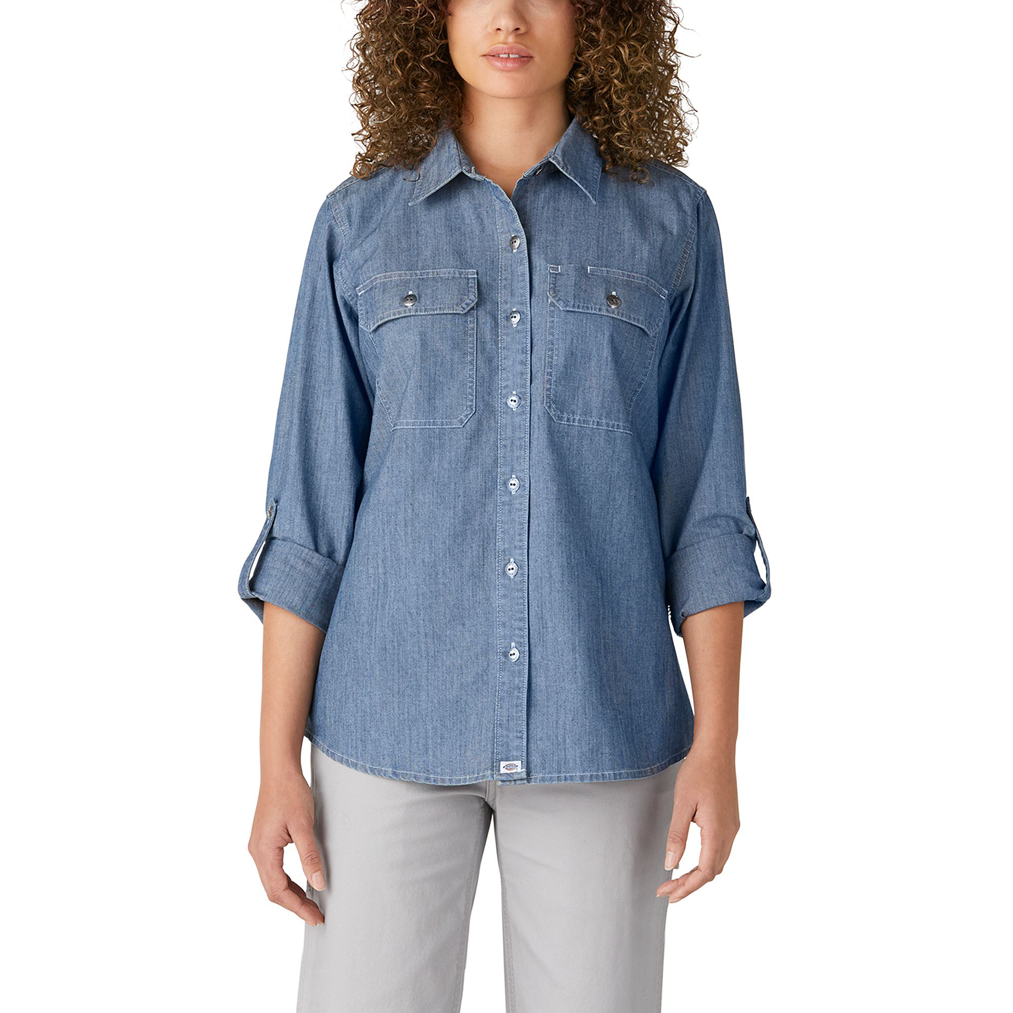 Image of Dickies Chambray Roll-Tab Long-Sleeve Work Shirt for Ladies - Light Stone Washed - L