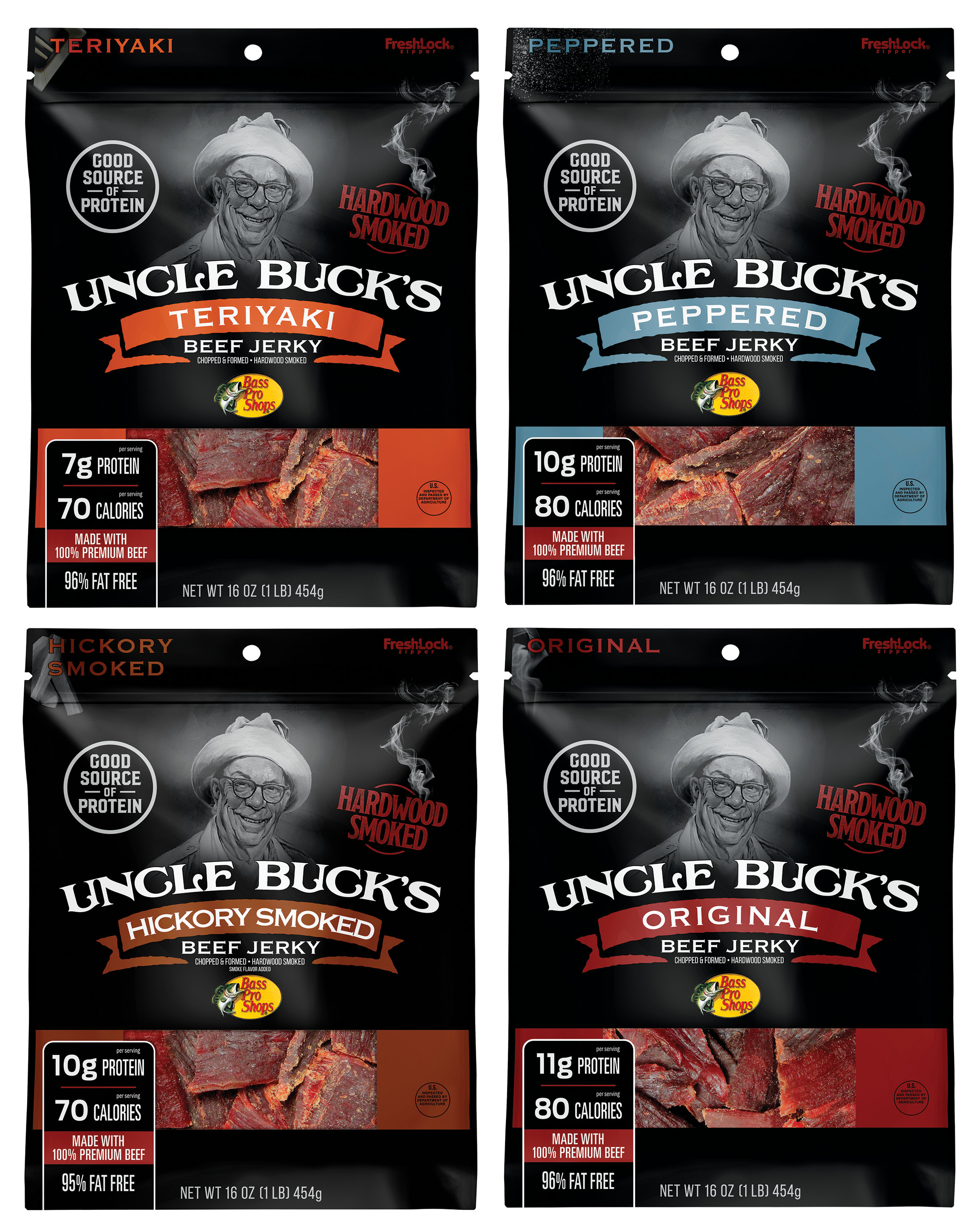 BASS PRO SHOPS Uncle Buck's Original, Teriyaki, Peppered, and Hickory-Smoked Beef Jerky 4-Pack Combo