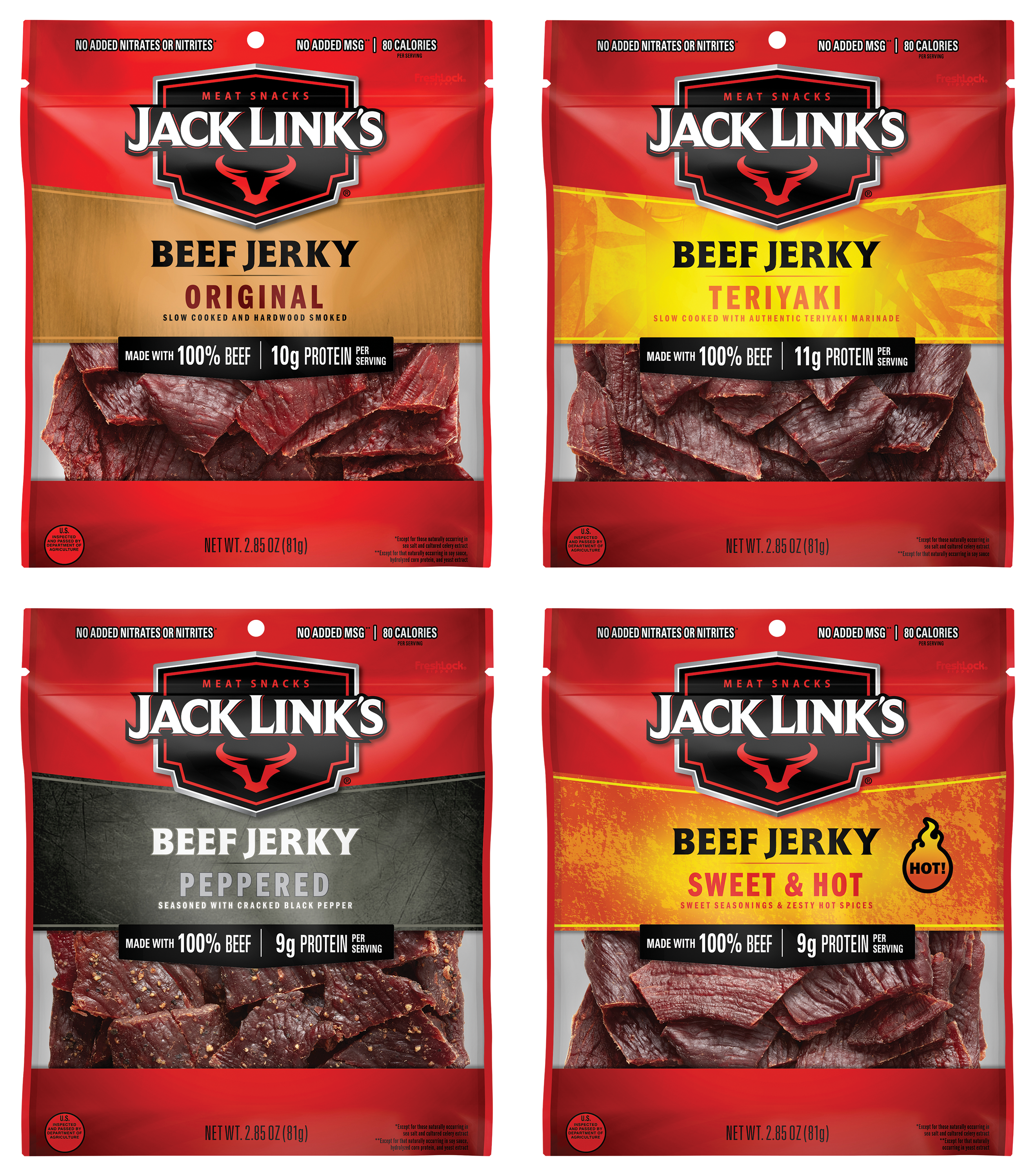 Jack Link's Original, Teriyaki, Peppered, and Sweet and Hot Beef Jerky Combo - 4 Pack/2.85 oz