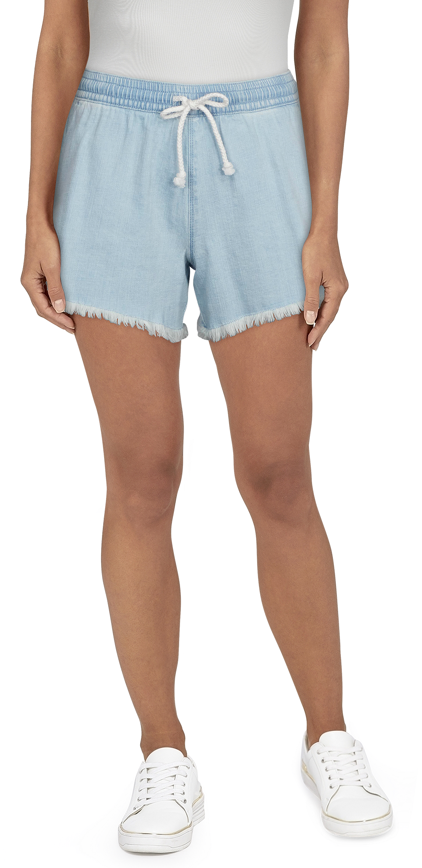 Image of Natural Reflections Frayed Hem Drawstring Shorts for Ladies - Light Chambray - XS