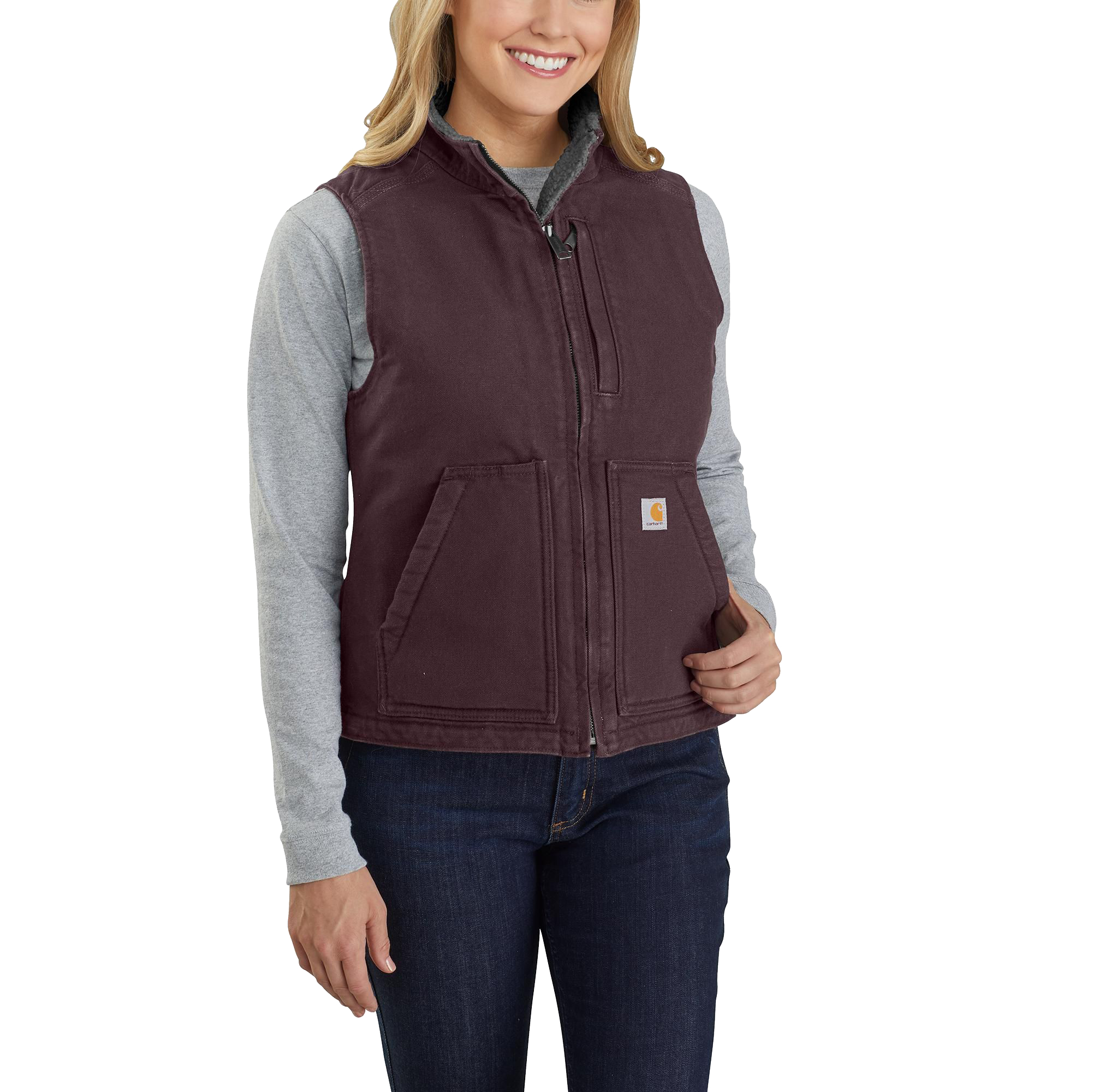 Image of Carhartt Washed Duck Sherpa-Lined Mock-Neck Relaxed-Fit Vest for Ladies - Blackberry