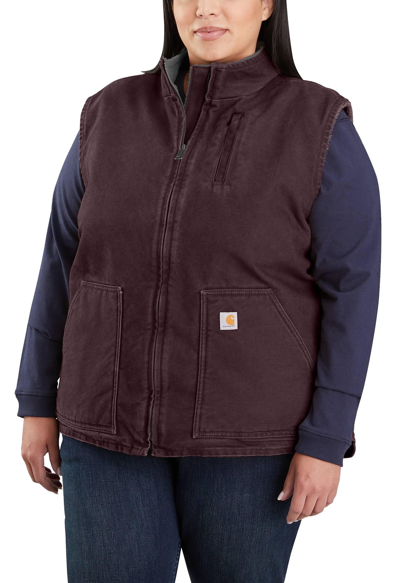 Image of Carhartt Washed Duck Sherpa-Lined Mock-Neck Relaxed-Fit Vest for Ladies - Blackberry