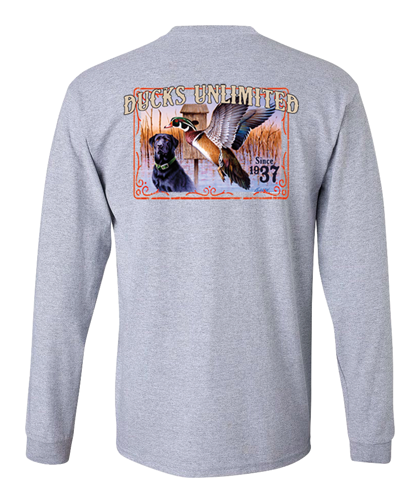 Ducks Unlimited Dog and Duck Duet Stamp Long-Sleeve T-Shirt for Men - Gunmetal - 3XL - Ducks Unlimited