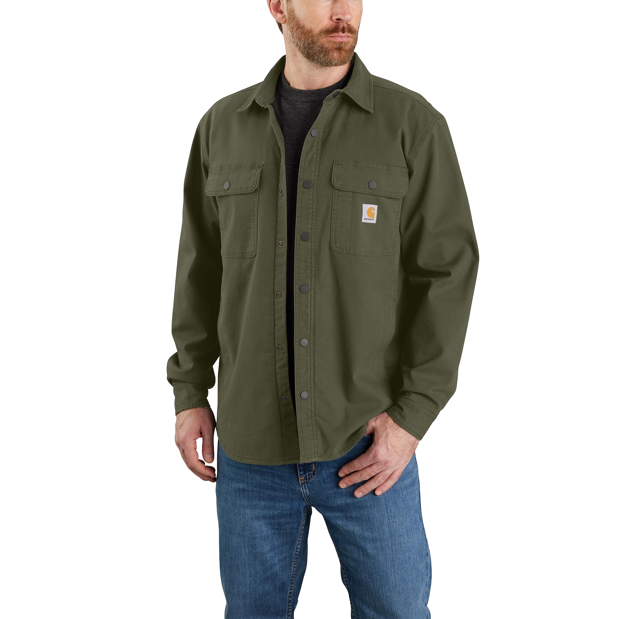 Image of Carhartt Rugged Flex Relaxed-Fit Canvas Fleece-Lined Shirt Jacket for Men - Basil - 2XL