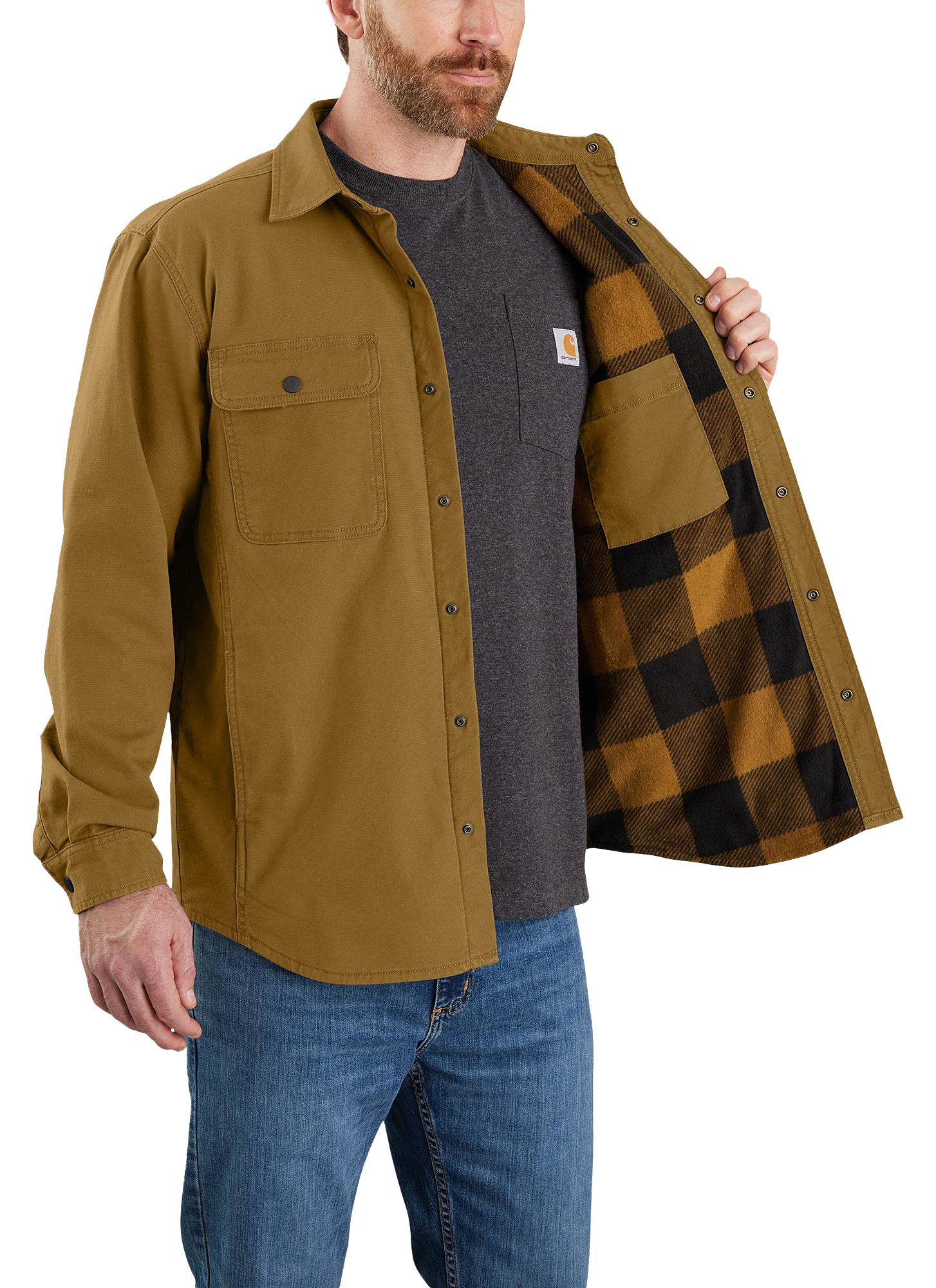 Image of Carhartt Rugged Flex Relaxed-Fit Canvas Fleece-Lined Shirt Jacket for Men - Oak Brown - 3