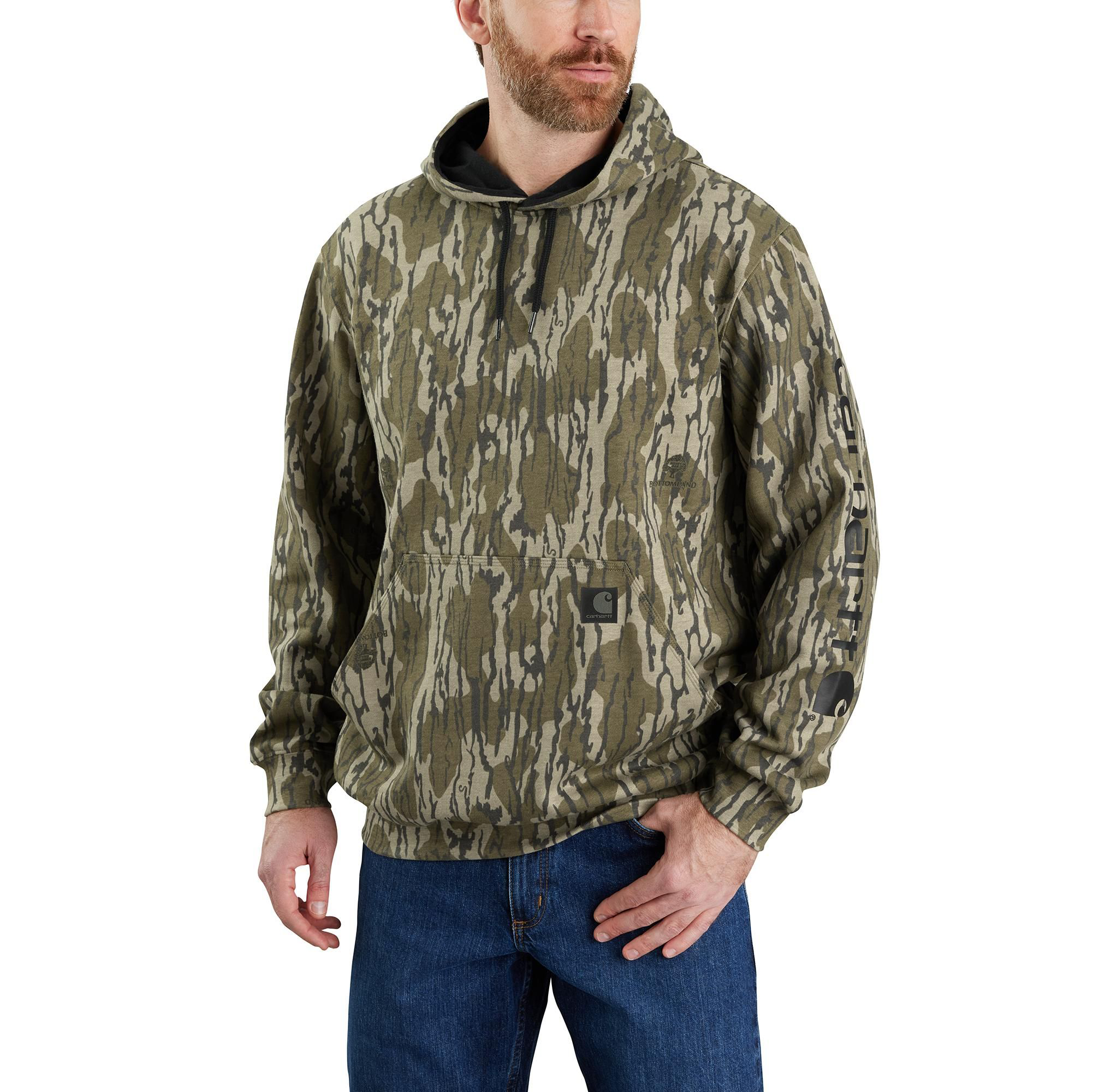 Image of Carhartt Loose-Fit Midweight Camo Sleeve Graphic Long-Sleeve Sweatshirt for Men - Mossy Oak Original Bottomland