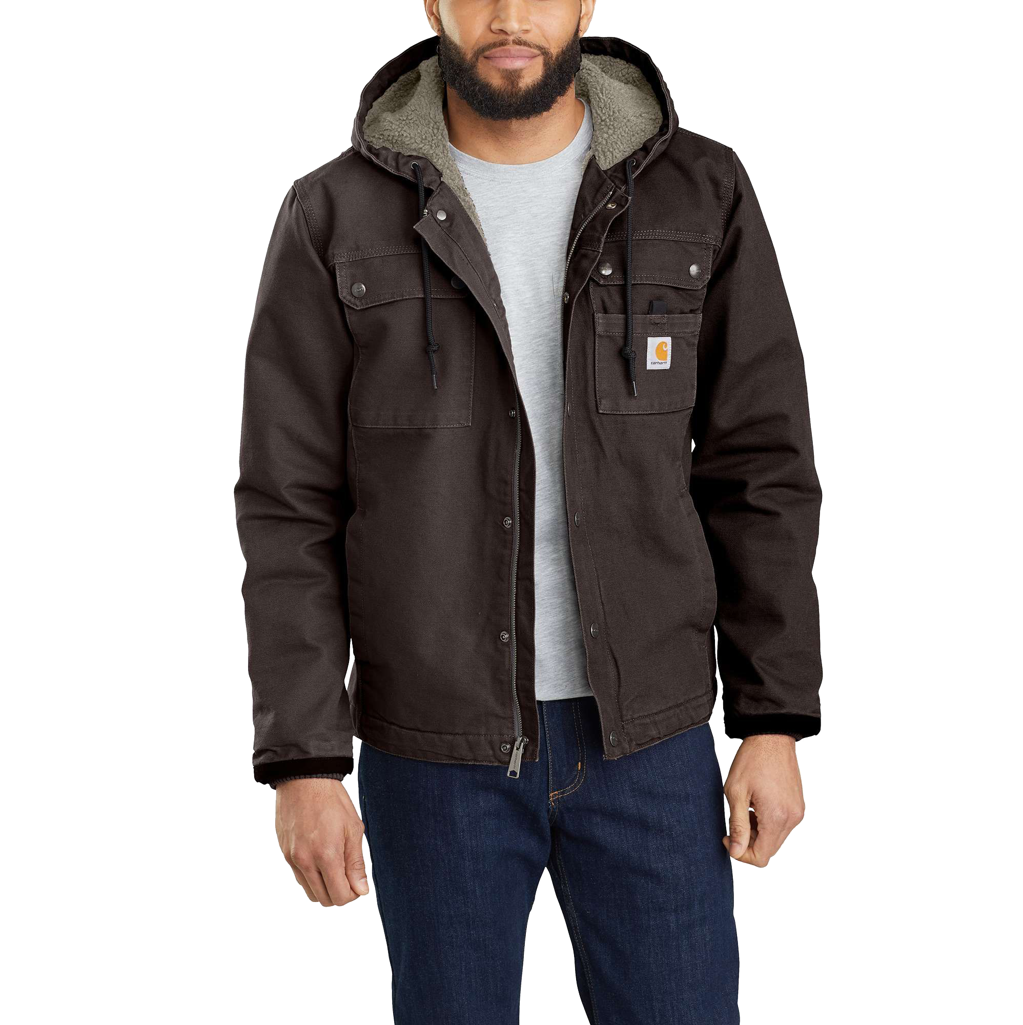 Image of Carhartt Relaxed-Fit Washed Duck Sherpa-Fleece Lined Utility Jacket for Men - Dark Brown - 5XL