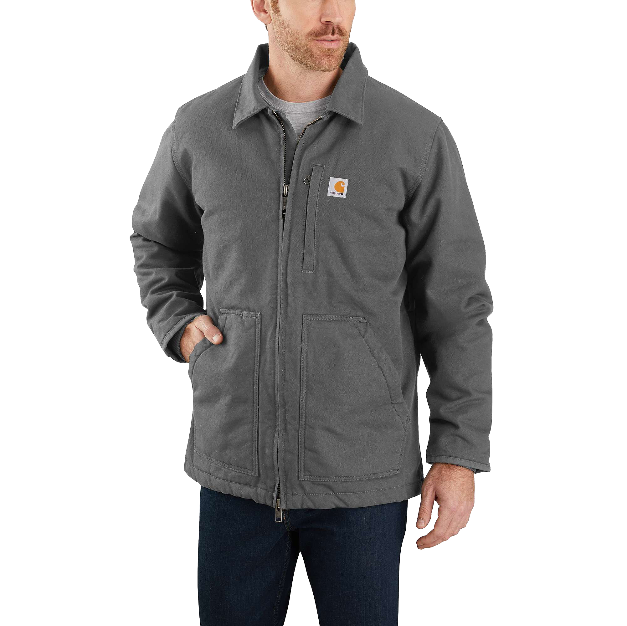 Image of Carhartt Loose-Fit Washed Duck Sherpa-Fleece Lined Coat for Men - Gravel - S