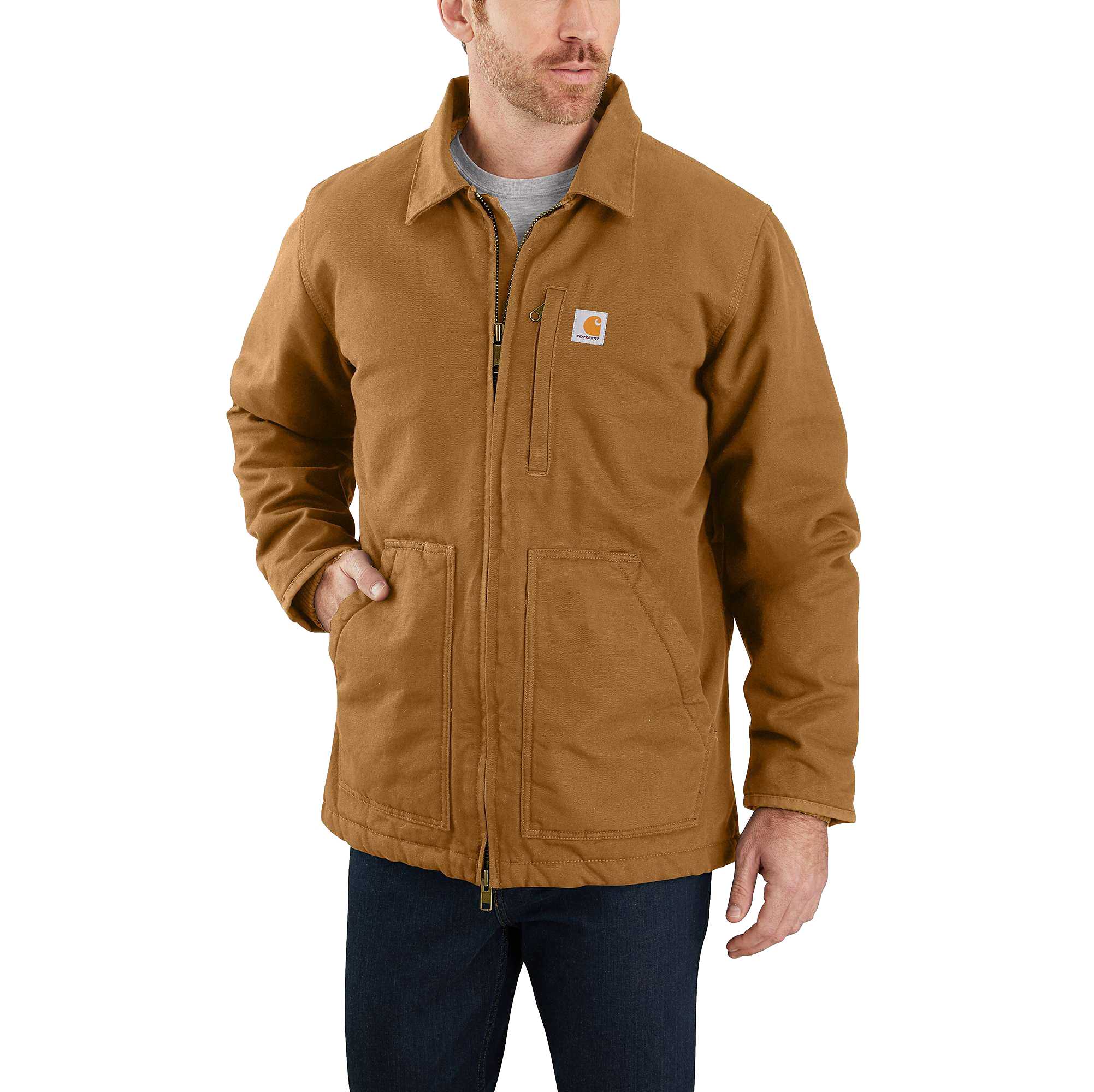 Image of Carhartt Loose-Fit Washed Duck Sherpa-Fleece Lined Coat for Men - Carhartt Brown - XL