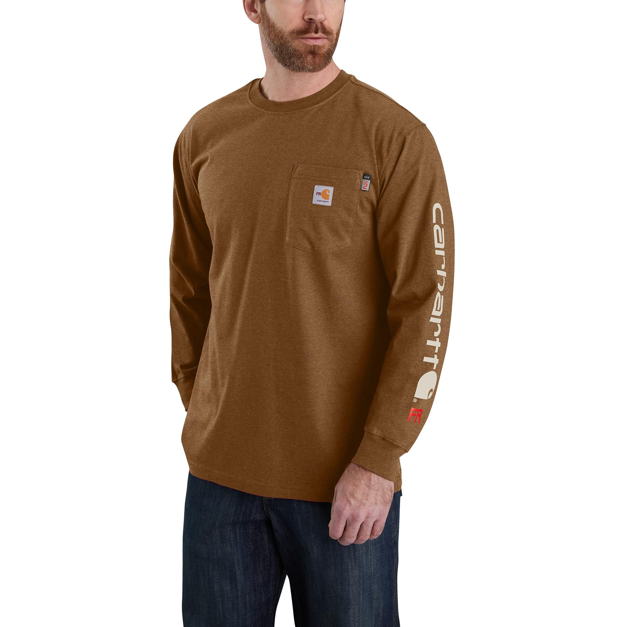 Carhartt Force Flame-Resistant Loose-Fit Midweight Logo Graphic Long-Sleeve T-Shirt for Men - Oiled Walnut Heather - 2XL