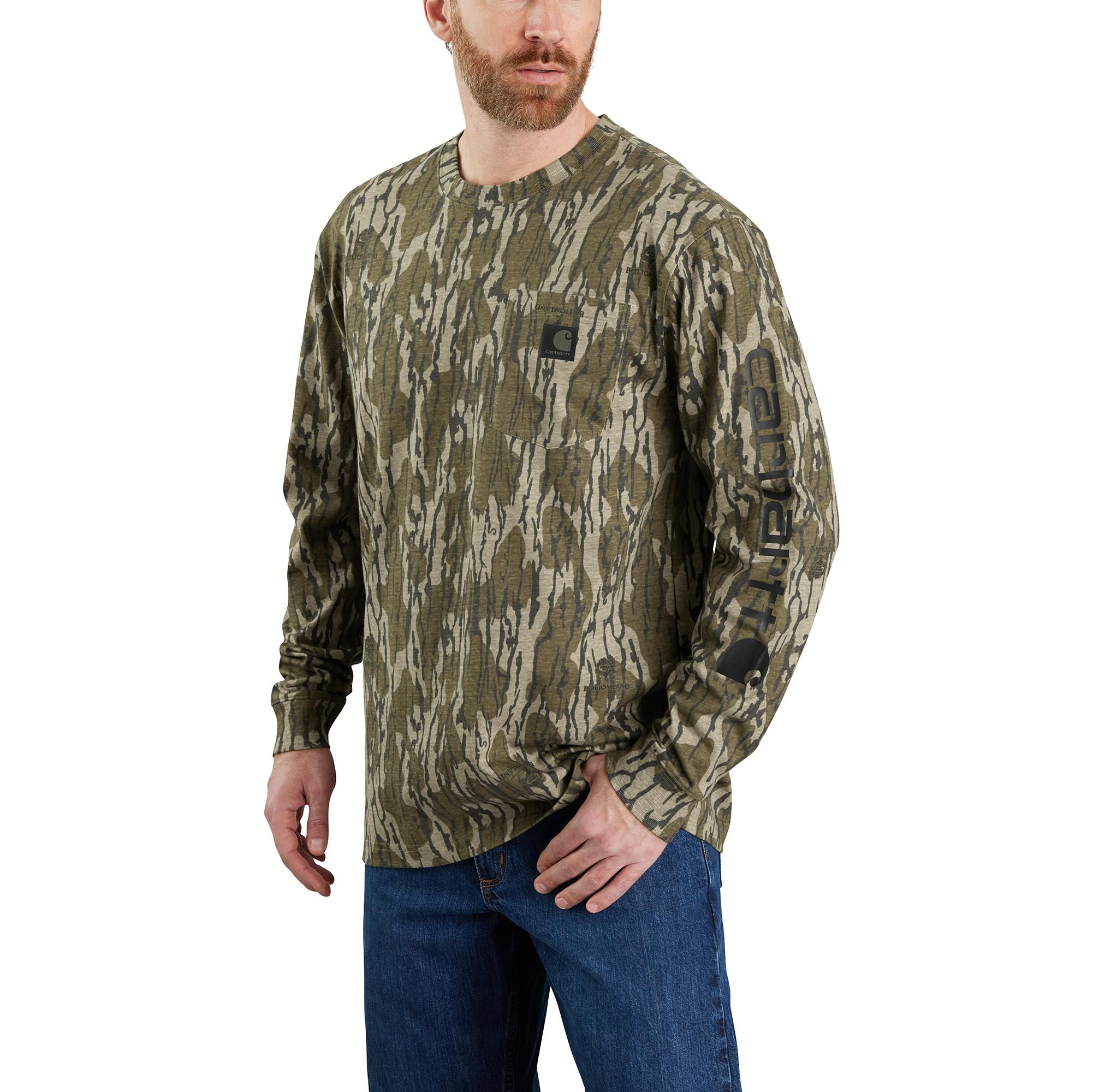 Image of Carhartt Heavyweight Camo Logo Long-Sleeve Pocket T-Shirt for Men - Mossy Oak Original Bottomland - LT