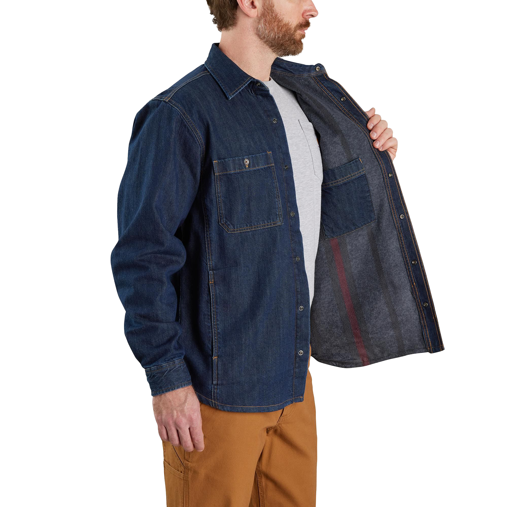 Image of Carhartt Relaxed-Fit Denim Fleece-Lined Snap-Front Shirt Jac for Men - Glacier - L