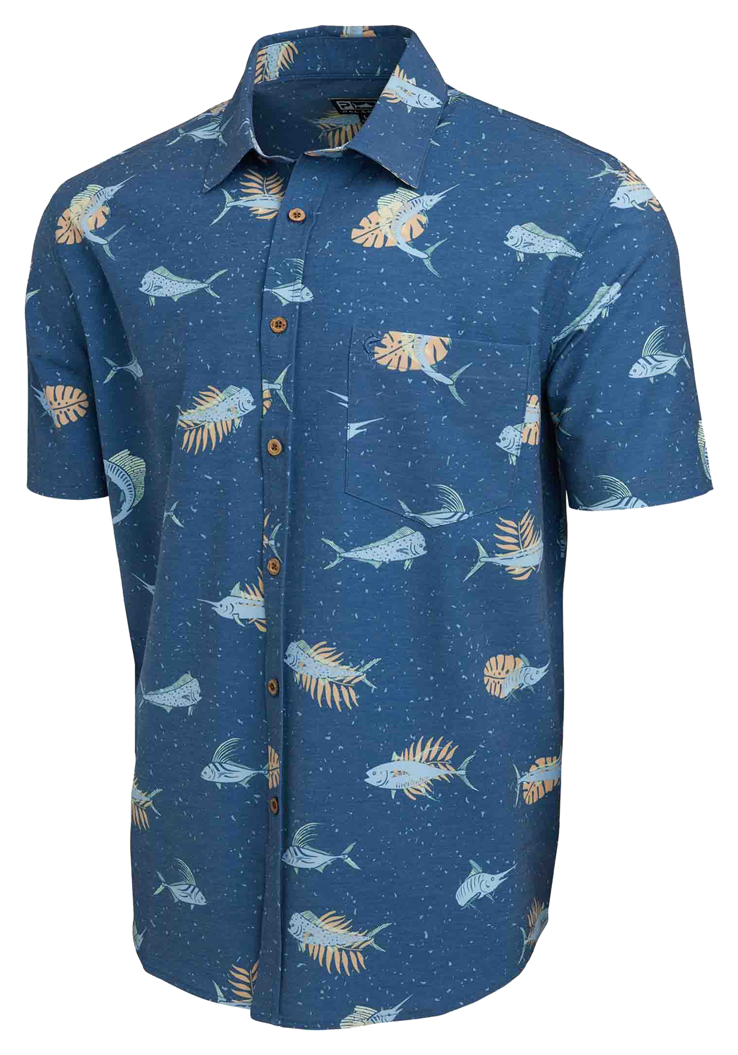 Image of Pelagic Dockside Gamefish Stretch Woven Short-Sleeve Button-Down Shirt for Men - Smokey Blue - S