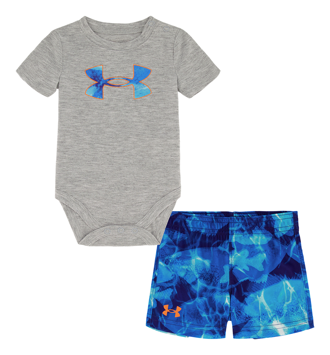 Image of Under Armour Watery Fish Camo Short-Sleeve Bodysuit and Shorts Set for Babies - Mod Gray - 3-6 Months