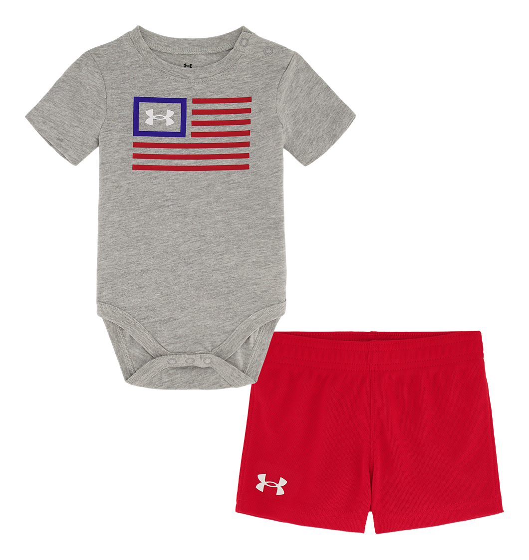 Image of Under Armour Freedom Flag Banner Short-Sleeve Bodysuit and Shorts Set for Babies - Grey/Red - 12 Months