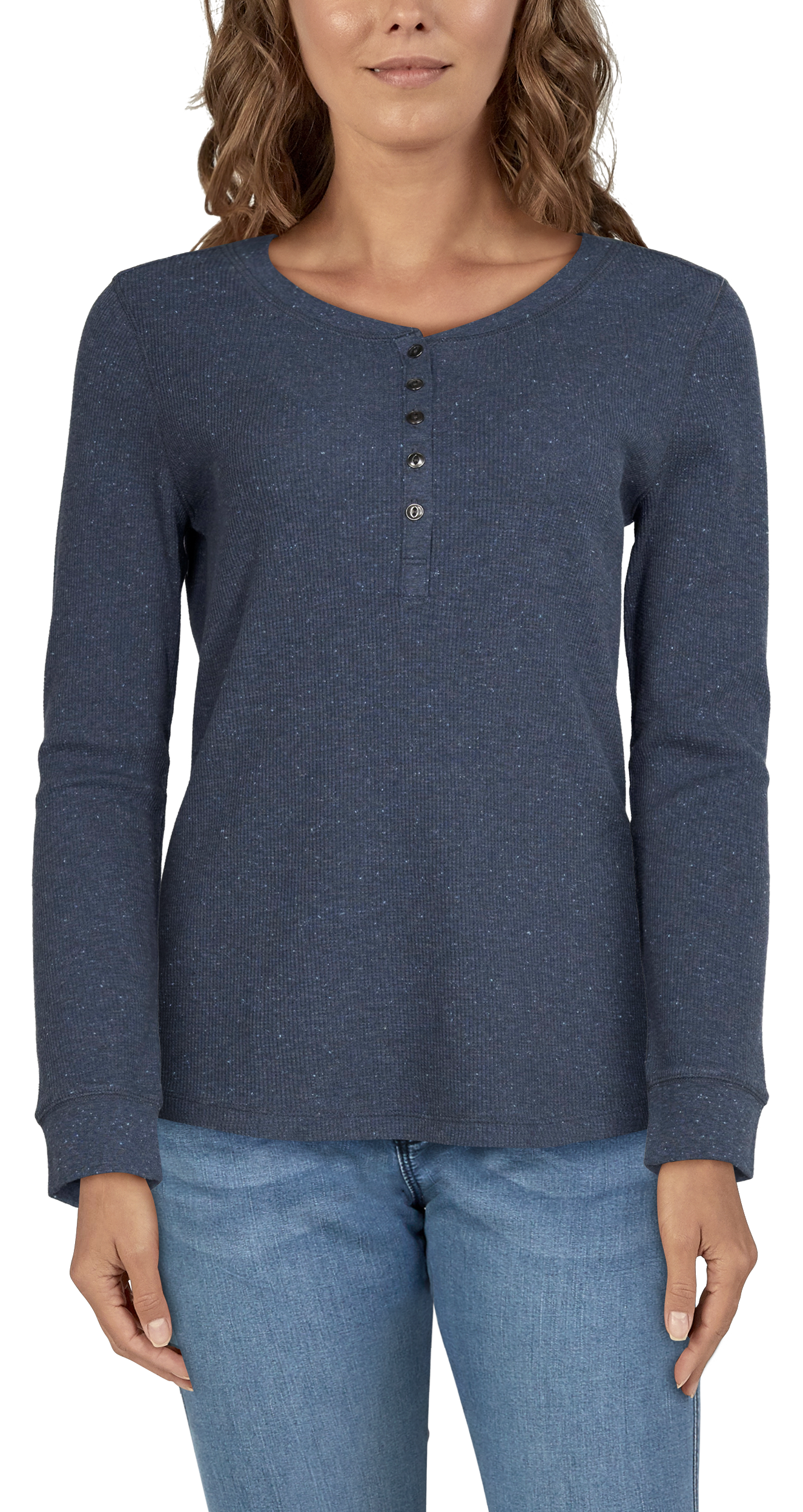 Image of Natural Reflections Thermal Long-Sleeve Henley for Ladies - Black Iris with Nep - 1X