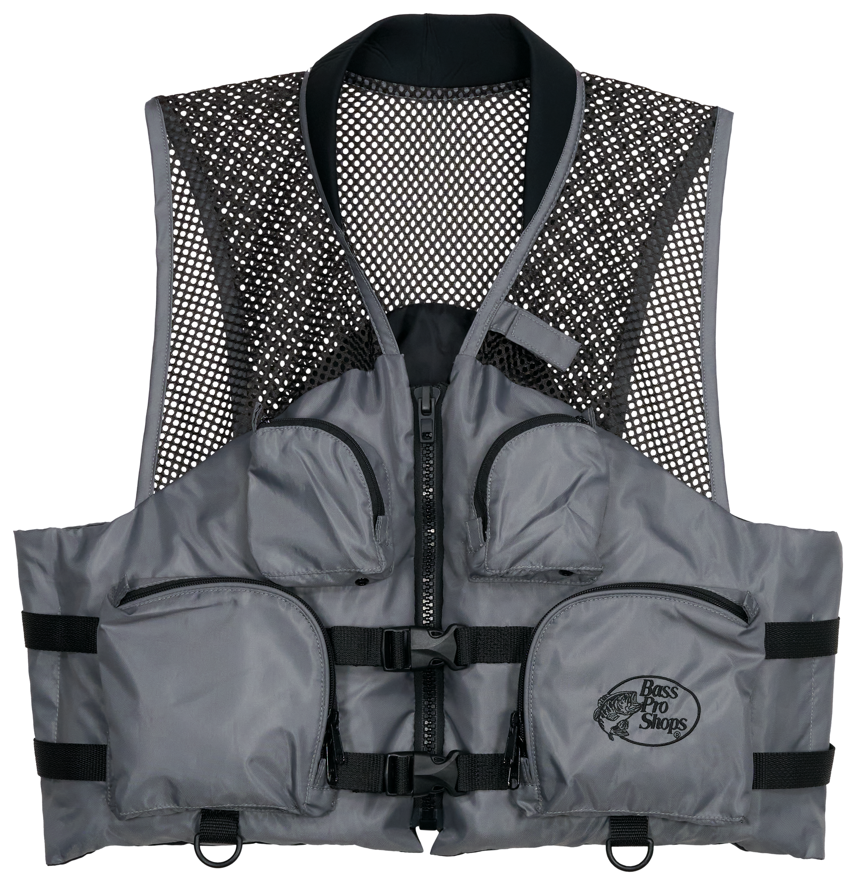 Image of Bass Pro Shops Deluxe Mesh Fishing Life Jacket with Front Pockets - Silver/Grey - S