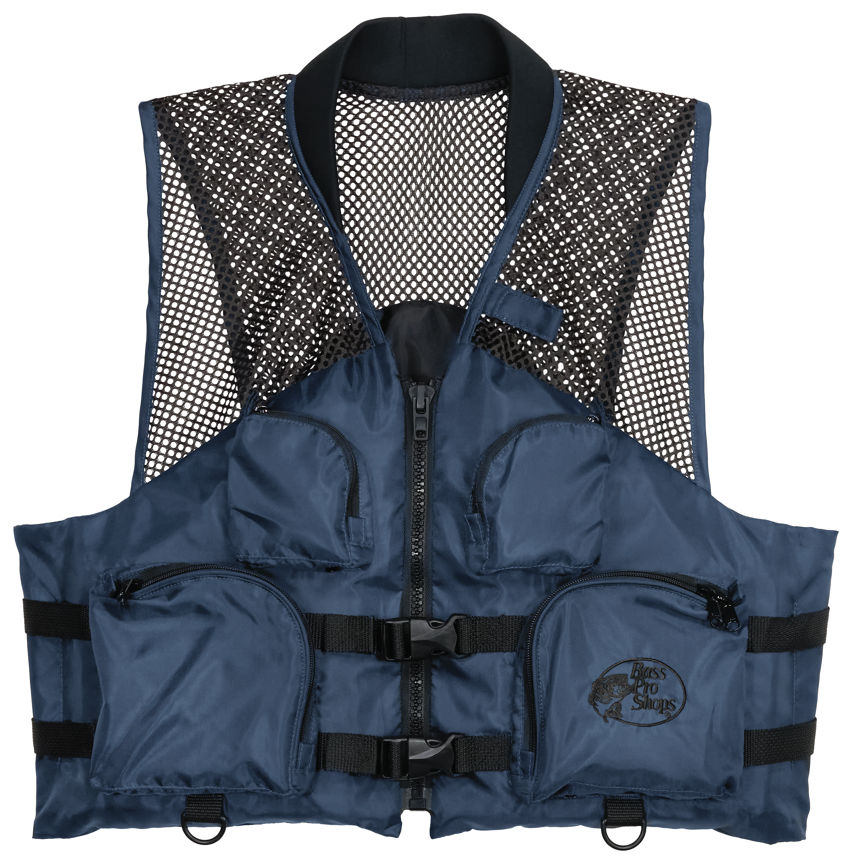 Image of Bass Pro Shops Deluxe Mesh Fishing Life Jacket with Front Pockets - Navy/Silver - S