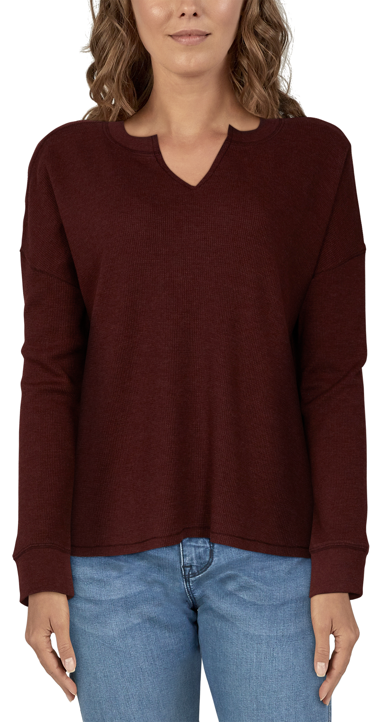 Image of Natural Reflections Hillside Notch-Neck Long-Sleeve Thermal Shirt for Ladies - Burgundy Heather - M