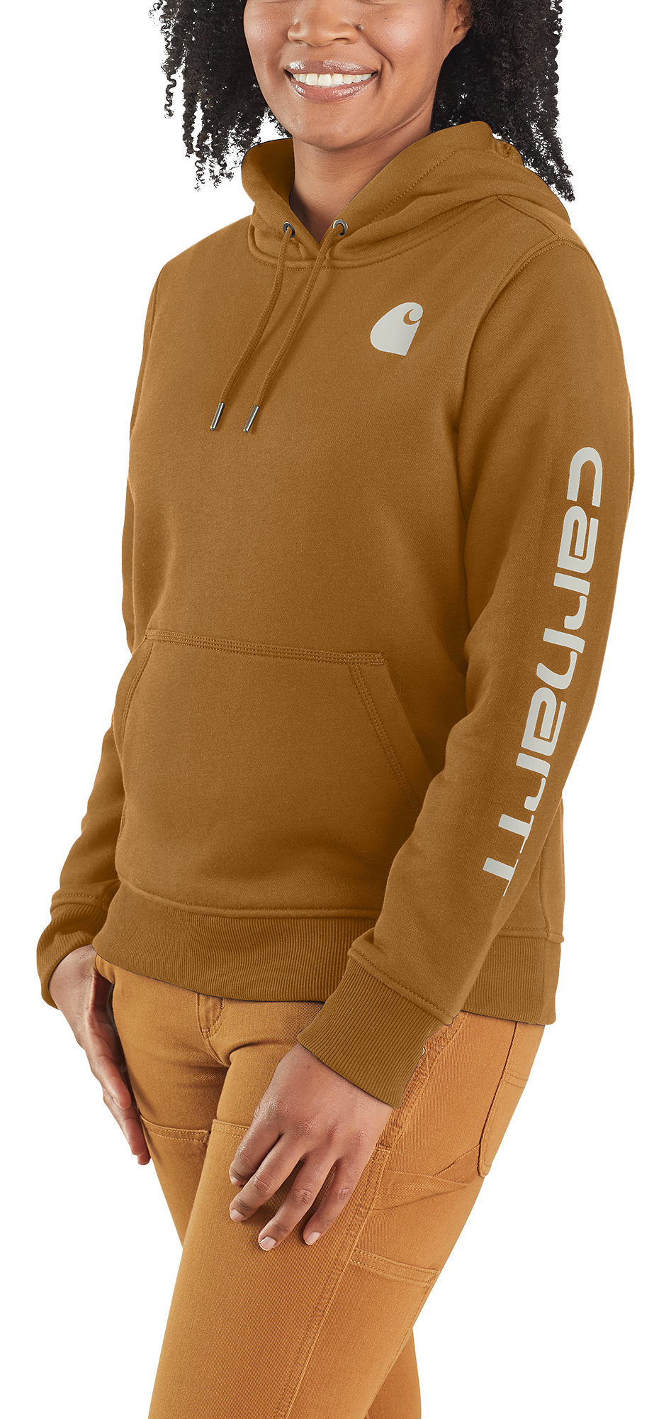 Image of Carhartt Relaxed Fit Midweight Logo Sleeve Graphic Sweatshirt for Ladies - Carhartt Brown - M