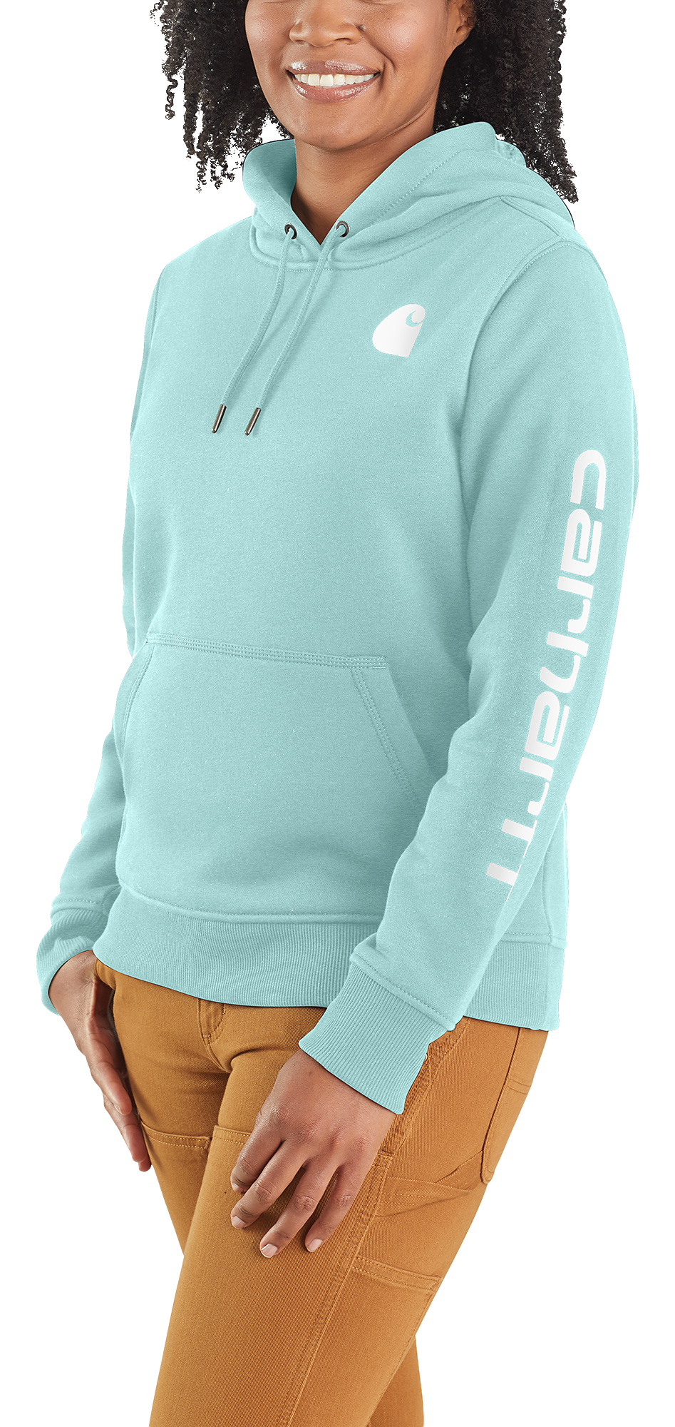 Image of Carhartt Relaxed Fit Midweight Logo Sleeve Graphic Sweatshirt for Ladies - Pastel Turquoise - S