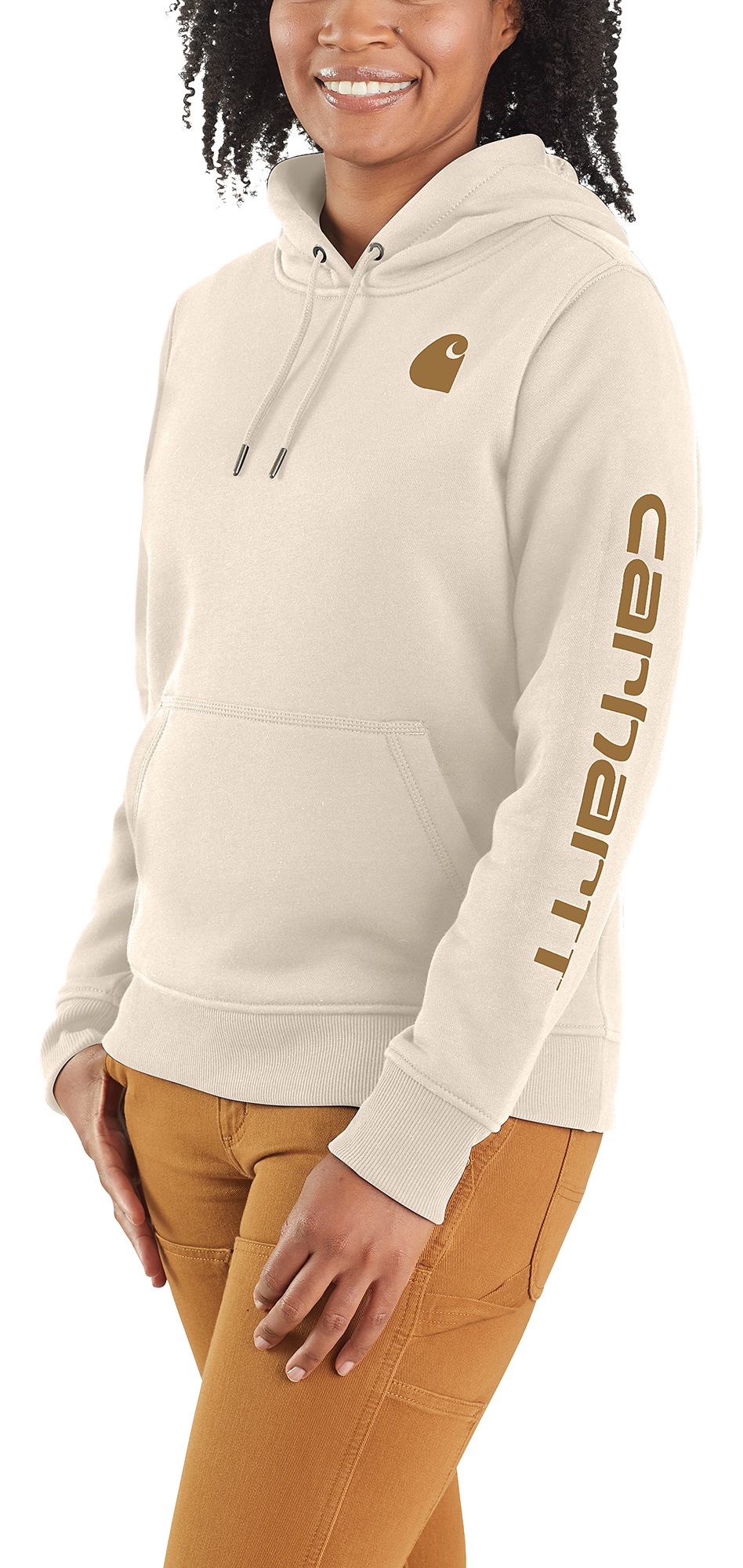 Image of Carhartt Relaxed Fit Midweight Logo Sleeve Graphic Sweatshirt for Ladies - Malt/Carhartt Brown - M