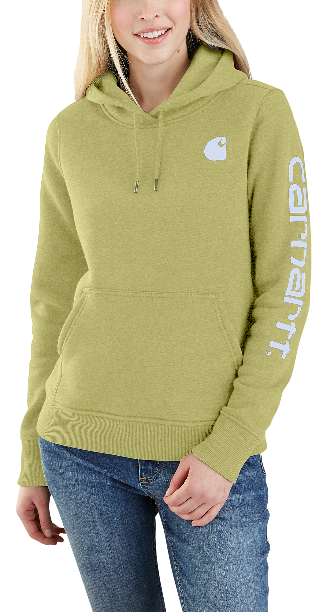 Image of Carhartt Relaxed Fit Midweight Logo Sleeve Graphic Sweatshirt for Ladies - Green Olive Heather - S