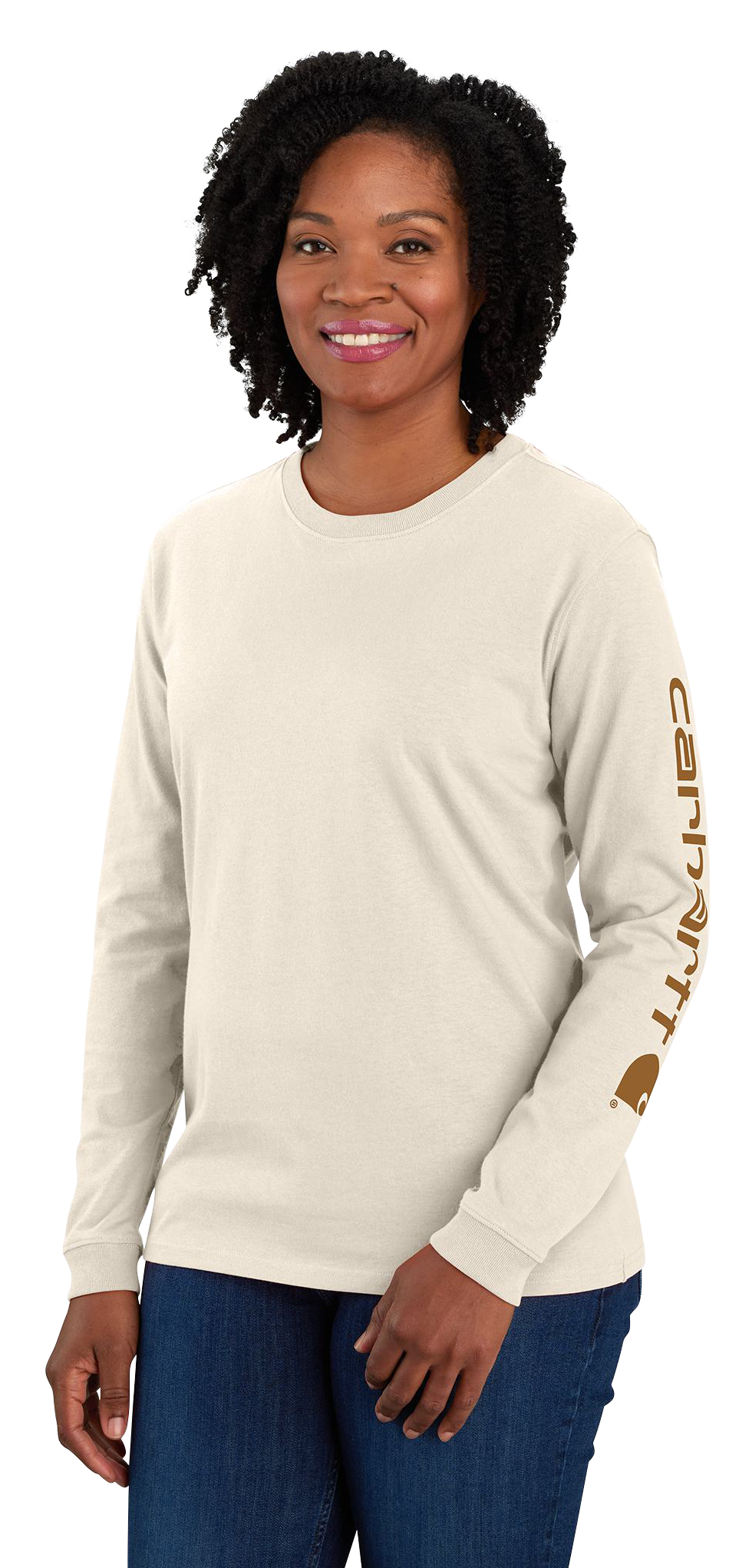 Image of Carhartt Logo Sleeve Graphic Heavyweight Long-Sleeve T-Shirt for Ladies - Malt/Carhartt Brown