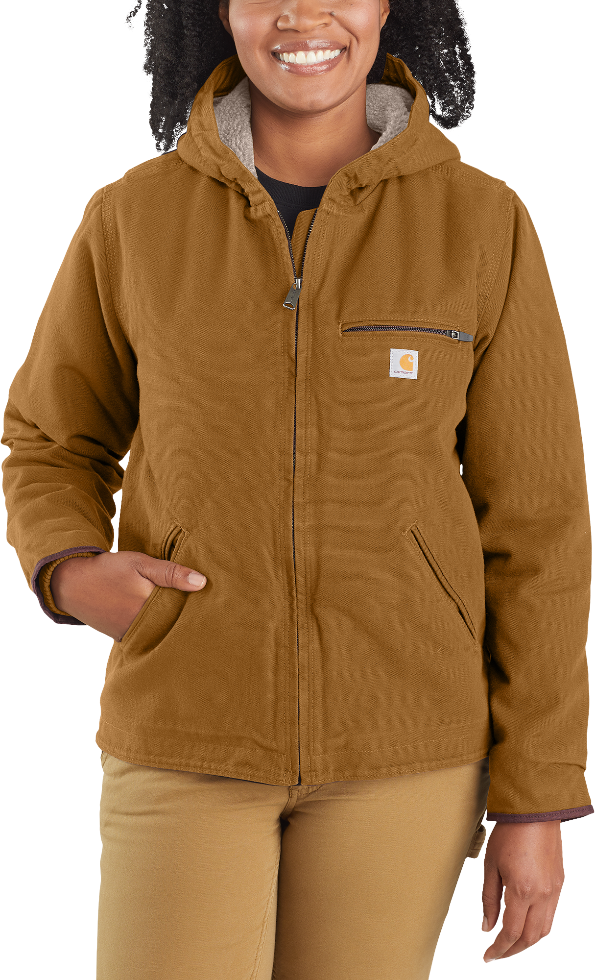 Image of Carhartt Loose-Fit Washed Duck Sherpa-Lined Jacket for Ladies - Carhartt Brown - S